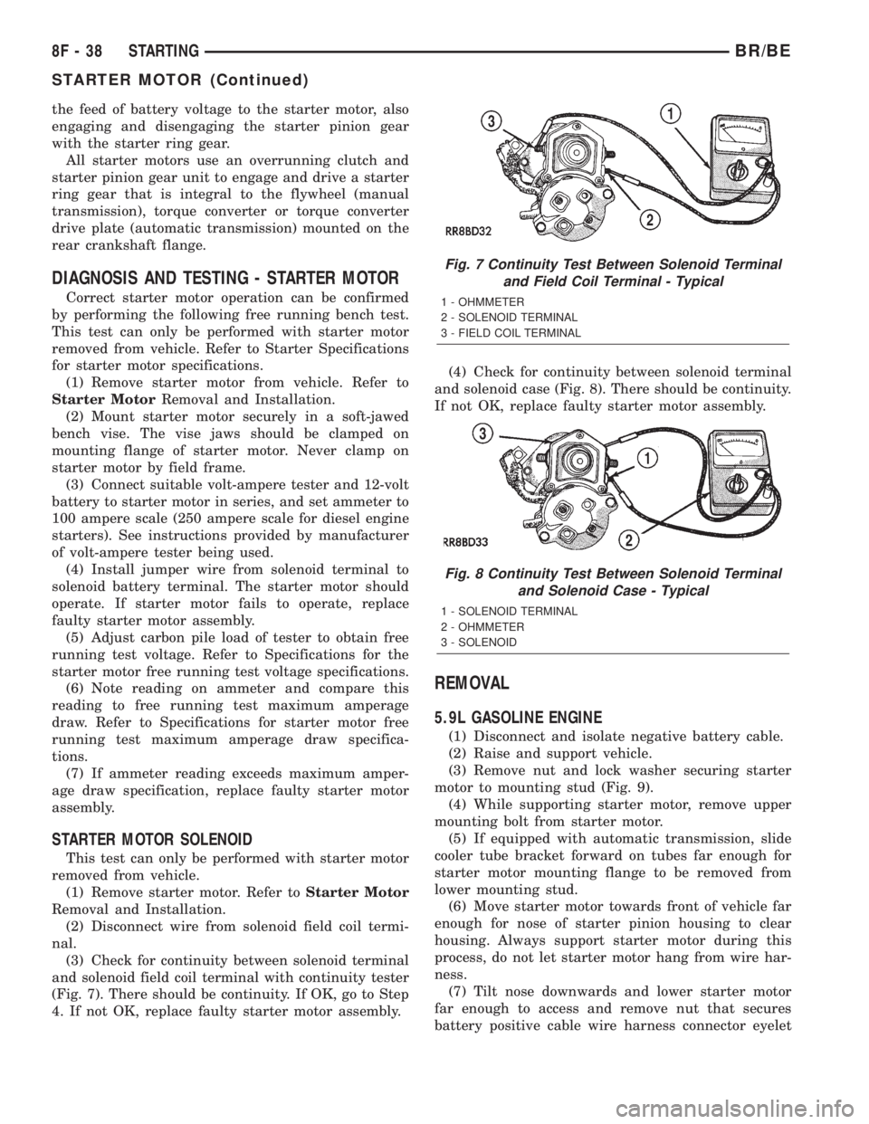 DODGE RAM 2002 Service Repair Manual the feed of battery voltage to the starter motor, also
engaging and disengaging the starter pinion gear
with the starter ring gear.
All starter motors use an overrunning clutch and
starter pinion gear DODGE RAM 2002 Service Repair Manual the feed of battery voltage to the starter motor, also
engaging and disengaging the starter pinion gear
with the starter ring gear.
All starter motors use an overrunning clutch and
starter pinion gear