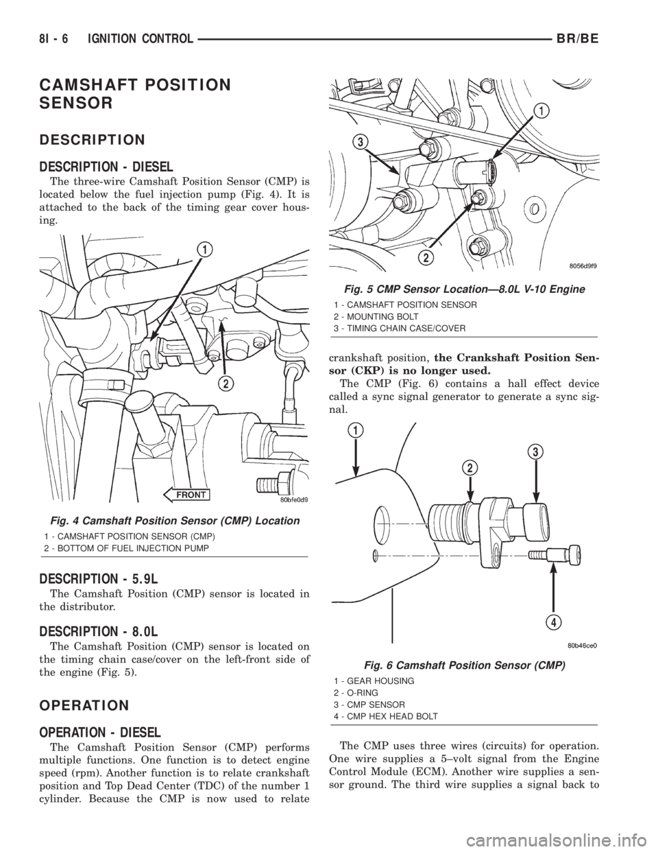 DODGE RAM 2002 Service Workshop Manual CAMSHAFT POSITION
SENSOR
DESCRIPTION
DESCRIPTION - DIESEL
The three-wire Camshaft Position Sensor (CMP) is
located below the fuel injection pump (Fig. 4). It is
attached to the back of the timing gear DODGE RAM 2002 Service Workshop Manual CAMSHAFT POSITION
SENSOR
DESCRIPTION
DESCRIPTION - DIESEL
The three-wire Camshaft Position Sensor (CMP) is
located below the fuel injection pump (Fig. 4). It is
attached to the back of the timing gear