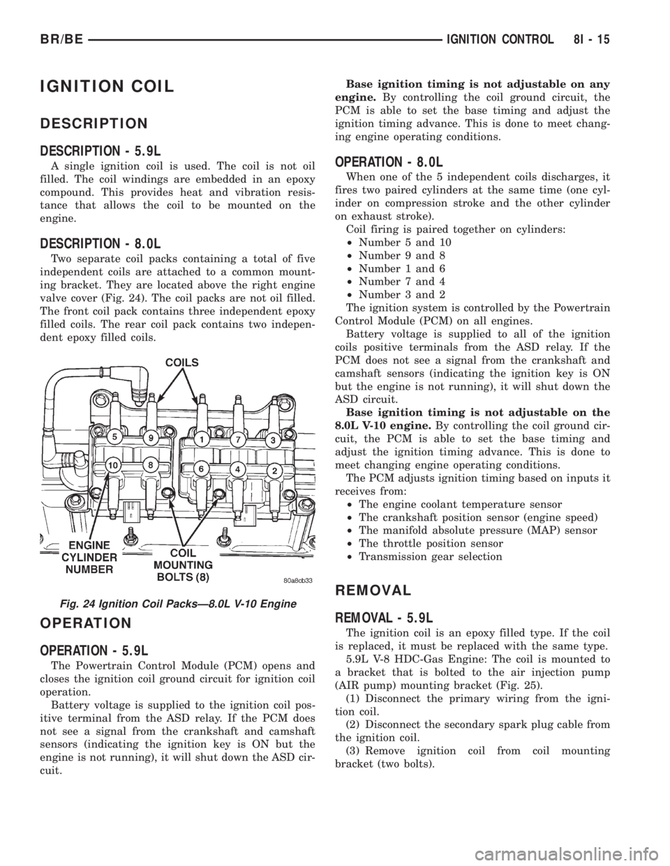 DODGE RAM 2002 Service Repair Manual IGNITION COIL
DESCRIPTION
DESCRIPTION - 5.9L
A single ignition coil is used. The coil is not oil
filled. The coil windings are embedded in an epoxy
compound. This provides heat and vibration resis-
ta DODGE RAM 2002 Service Repair Manual IGNITION COIL
DESCRIPTION
DESCRIPTION - 5.9L
A single ignition coil is used. The coil is not oil
filled. The coil windings are embedded in an epoxy
compound. This provides heat and vibration resis-
ta