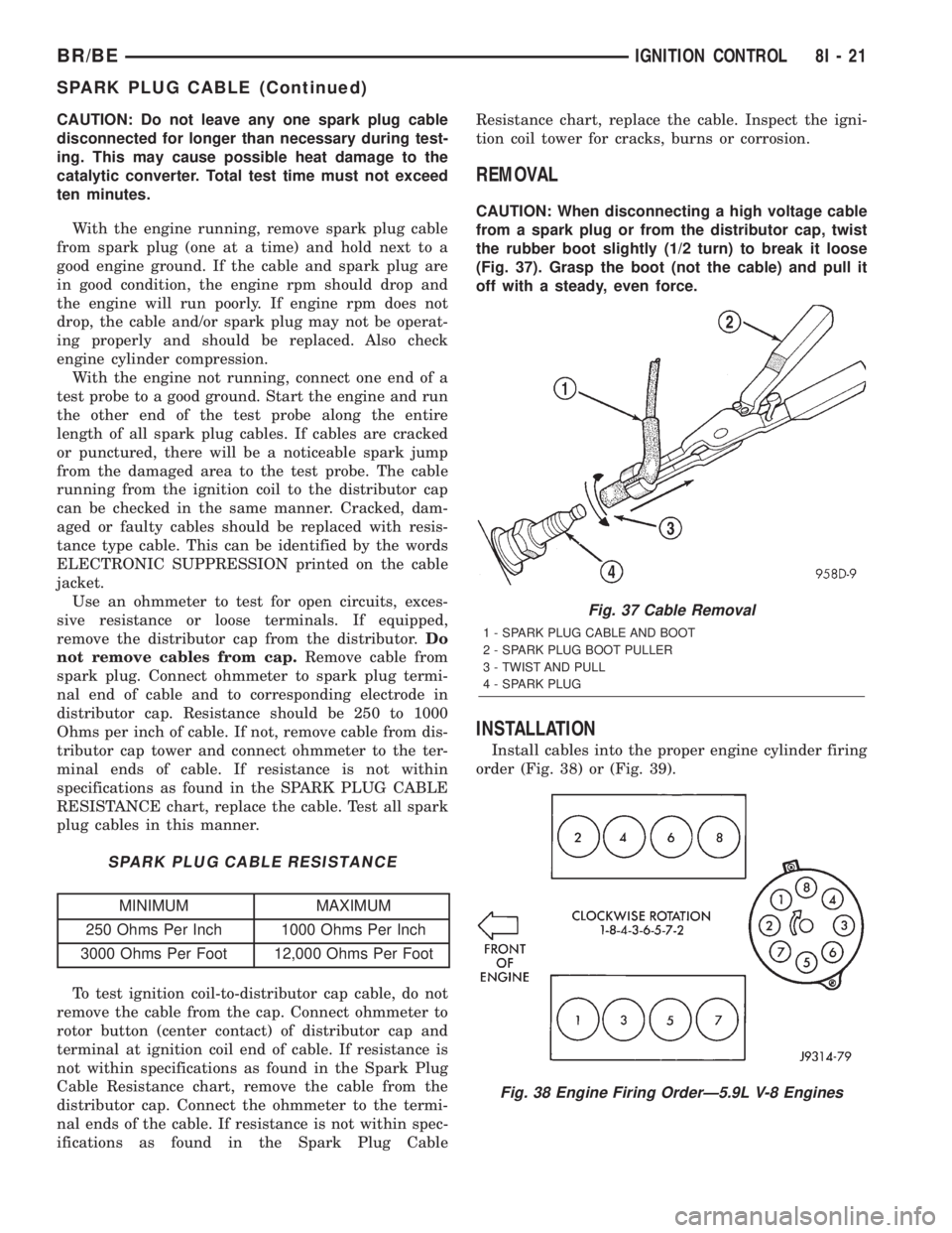 DODGE RAM 2002 Service Repair Manual CAUTION: Do not leave any one spark plug cable
disconnected for longer than necessary during test-
ing. This may cause possible heat damage to the
catalytic converter. Total test time must not exceed
DODGE RAM 2002 Service Repair Manual CAUTION: Do not leave any one spark plug cable
disconnected for longer than necessary during test-
ing. This may cause possible heat damage to the
catalytic converter. Total test time must not exceed
