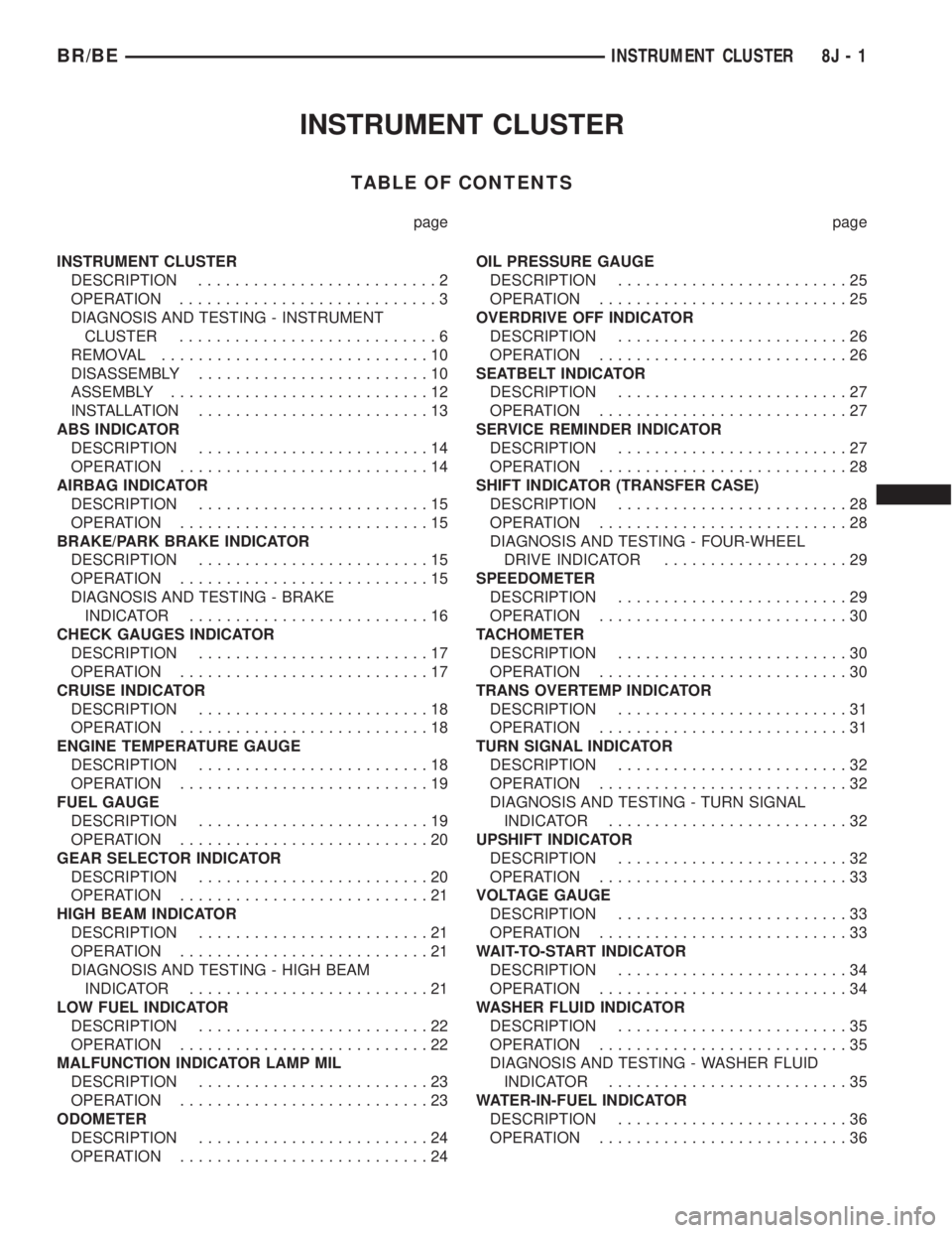 DODGE RAM 2002 Service Repair Manual INSTRUMENT CLUSTER
TABLE OF CONTENTS
page page
INSTRUMENT CLUSTER
DESCRIPTION..........................2
OPERATION............................3
DIAGNOSIS AND TESTING - INSTRUMENT
CLUSTER.............. DODGE RAM 2002 Service Repair Manual INSTRUMENT CLUSTER
TABLE OF CONTENTS
page page
INSTRUMENT CLUSTER
DESCRIPTION..........................2
OPERATION............................3
DIAGNOSIS AND TESTING - INSTRUMENT
CLUSTER..............
