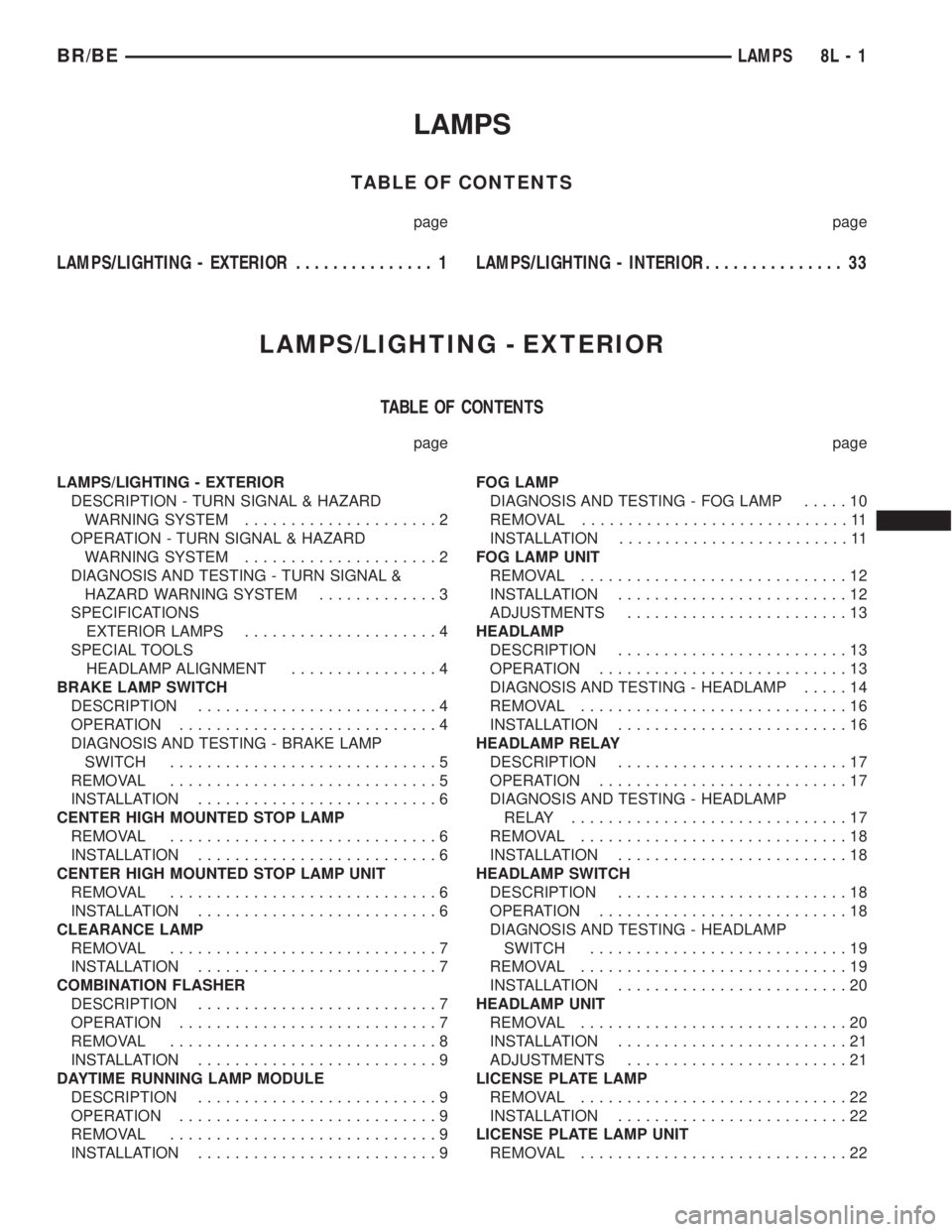 DODGE RAM 2002 Service Repair Manual LAMPS
TABLE OF CONTENTS
page page
LAMPS/LIGHTING - EXTERIOR............... 1LAMPS/LIGHTING - INTERIOR............... 33
LAMPS/LIGHTING - EXTERIOR
TABLE OF CONTENTS
page page
LAMPS/LIGHTING - EXTERIOR
DODGE RAM 2002 Service Repair Manual LAMPS
TABLE OF CONTENTS
page page
LAMPS/LIGHTING - EXTERIOR............... 1LAMPS/LIGHTING - INTERIOR............... 33
LAMPS/LIGHTING - EXTERIOR
TABLE OF CONTENTS
page page
LAMPS/LIGHTING - EXTERIOR