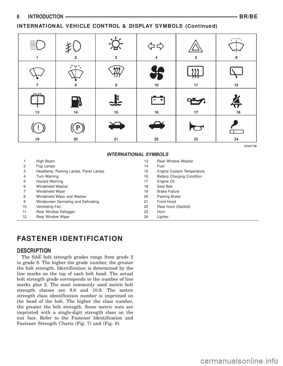 DODGE RAM 2002 Service Repair Manual FASTENER IDENTIFICATION
DESCRIPTION
The SAE bolt strength grades range from grade 2
to grade 8. The higher the grade number, the greater
the bolt strength. Identification is determined by the
line mar DODGE RAM 2002 Service Repair Manual FASTENER IDENTIFICATION
DESCRIPTION
The SAE bolt strength grades range from grade 2
to grade 8. The higher the grade number, the greater
the bolt strength. Identification is determined by the
line mar