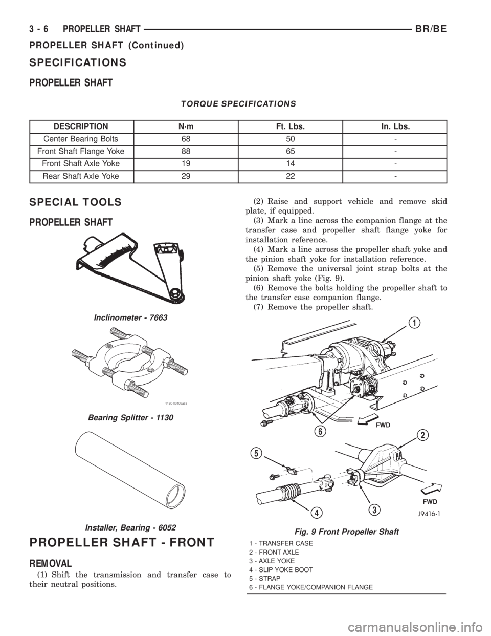 DODGE RAM 2002 Service Manual PDF SPECIFICATIONS
PROPELLER SHAFT
TORQUE SPECIFICATIONS
DESCRIPTION N´m Ft. Lbs. In. Lbs.
Center Bearing Bolts 68 50 -
Front Shaft Flange Yoke 88 65 -
Front Shaft Axle Yoke 19 14 -
Rear Shaft Axle Yoke DODGE RAM 2002 Service Manual PDF SPECIFICATIONS
PROPELLER SHAFT
TORQUE SPECIFICATIONS
DESCRIPTION N´m Ft. Lbs. In. Lbs.
Center Bearing Bolts 68 50 -
Front Shaft Flange Yoke 88 65 -
Front Shaft Axle Yoke 19 14 -
Rear Shaft Axle Yoke