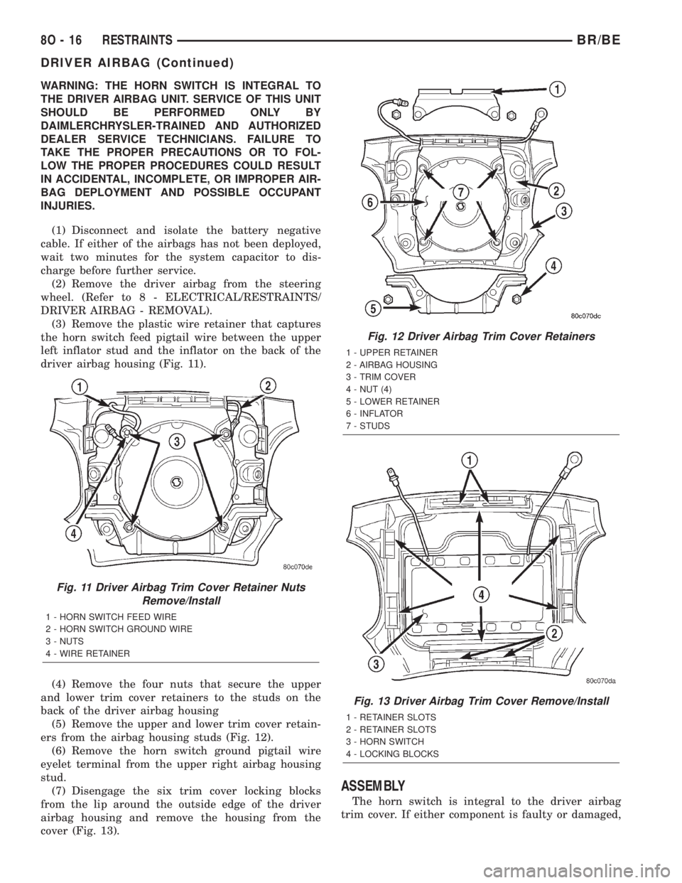 DODGE RAM 2002 Service Repair Manual WARNING: THE HORN SWITCH IS INTEGRAL TO
THE DRIVER AIRBAG UNIT. SERVICE OF THIS UNIT
SHOULD BE PERFORMED ONLY BY
DAIMLERCHRYSLER-TRAINED AND AUTHORIZED
DEALER SERVICE TECHNICIANS. FAILURE TO
TAKE THE DODGE RAM 2002 Service Repair Manual WARNING: THE HORN SWITCH IS INTEGRAL TO
THE DRIVER AIRBAG UNIT. SERVICE OF THIS UNIT
SHOULD BE PERFORMED ONLY BY
DAIMLERCHRYSLER-TRAINED AND AUTHORIZED
DEALER SERVICE TECHNICIANS. FAILURE TO
TAKE THE