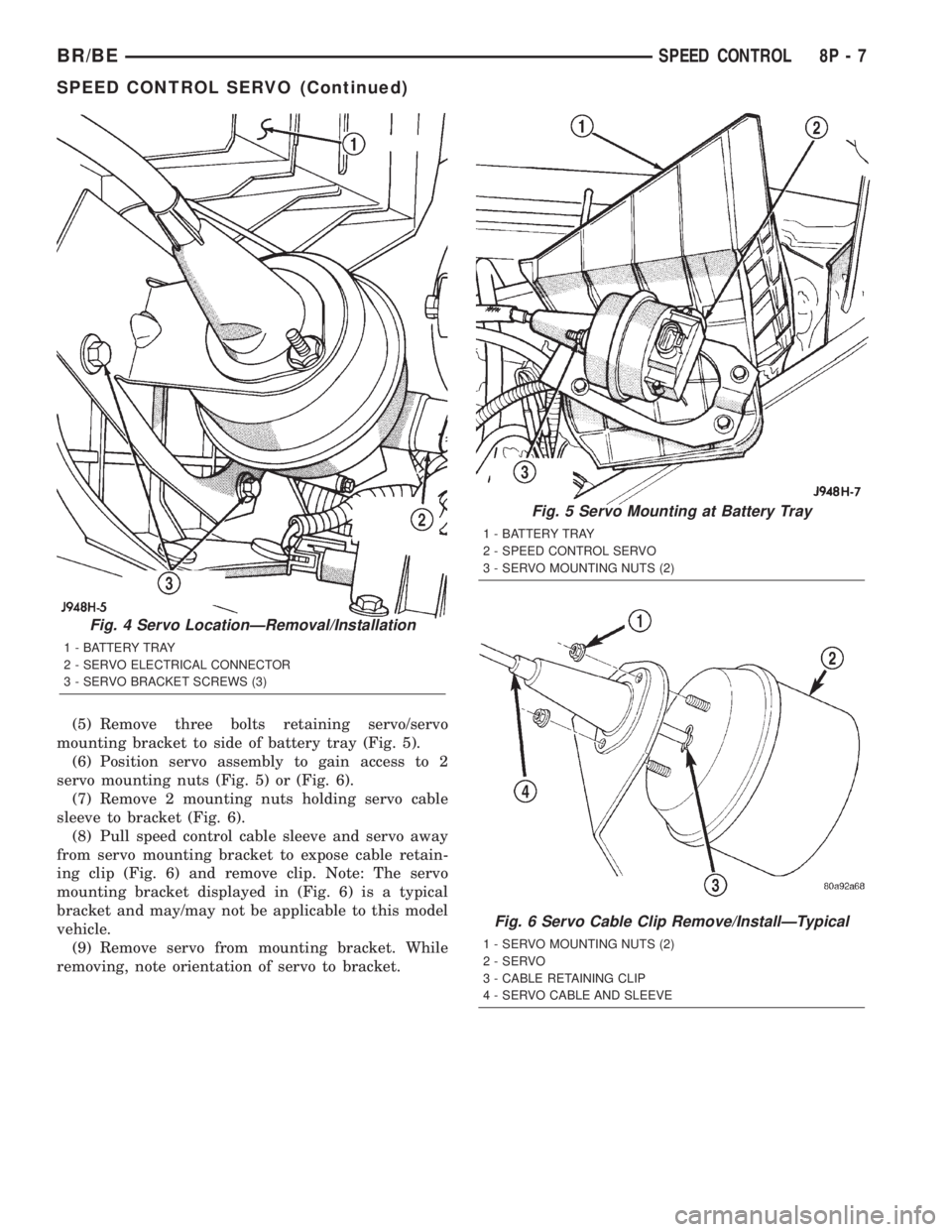 DODGE RAM 2002  Service Repair Manual (5) Remove three bolts retaining servo/servo
mounting bracket to side of battery tray (Fig. 5).
(6) Position servo assembly to gain access to 2
servo mounting nuts (Fig. 5) or (Fig. 6).
(7) Remove 2 m
