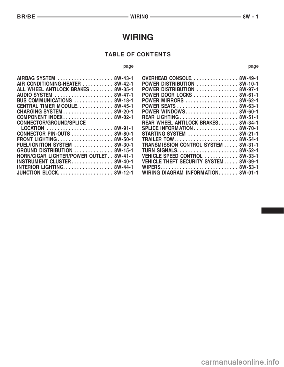 DODGE RAM 2002  Service Repair Manual WIRING
TABLE OF CONTENTS
page page
AIRBAG SYSTEM.................... 8W-43-1
AIR CONDITIONING-HEATER........... 8W-42-1
ALL WHEEL ANTILOCK BRAKES........ 8W-35-1
AUDIO SYSTEM..................... 8W-4