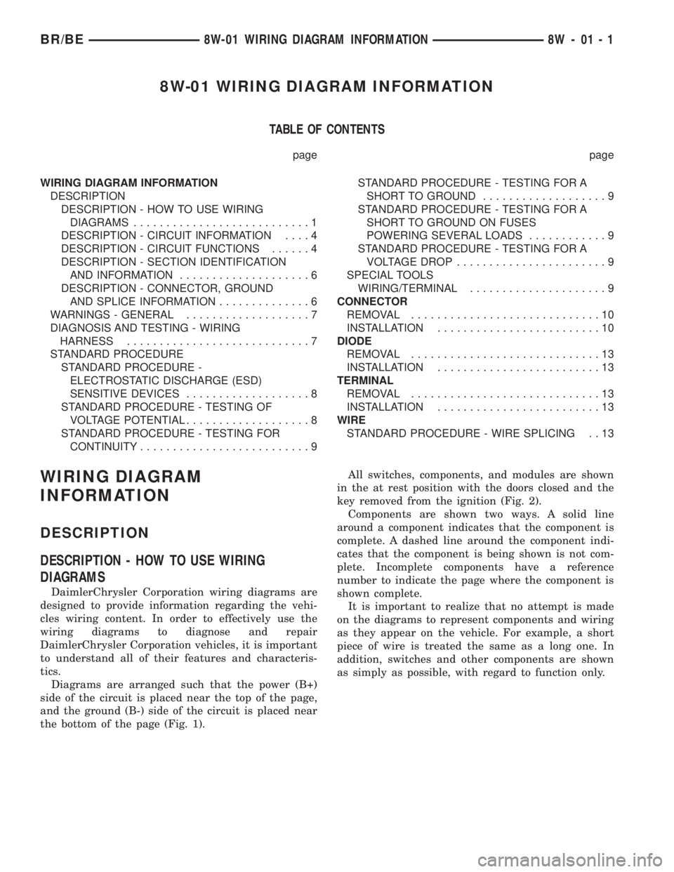 DODGE RAM 2002  Service Repair Manual 8W-01 WIRING DIAGRAM INFORMATION
TABLE OF CONTENTS
page page
WIRING DIAGRAM INFORMATION
DESCRIPTION
DESCRIPTION - HOW TO USE WIRING
DIAGRAMS...........................1
DESCRIPTION - CIRCUIT INFORMATI