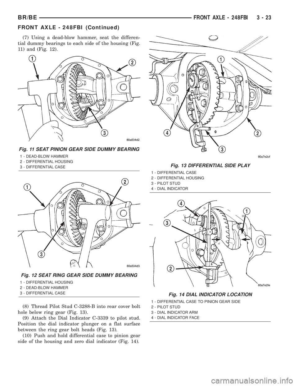 DODGE RAM 2002 Service Manual PDF (7) Using a dead-blow hammer, seat the differen-
tial dummy bearings to each side of the housing (Fig.
11) and (Fig. 12).
(8) Thread Pilot Stud C-3288-B into rear cover bolt
hole below ring gear (Fig. DODGE RAM 2002 Service Manual PDF (7) Using a dead-blow hammer, seat the differen-
tial dummy bearings to each side of the housing (Fig.
11) and (Fig. 12).
(8) Thread Pilot Stud C-3288-B into rear cover bolt
hole below ring gear (Fig.