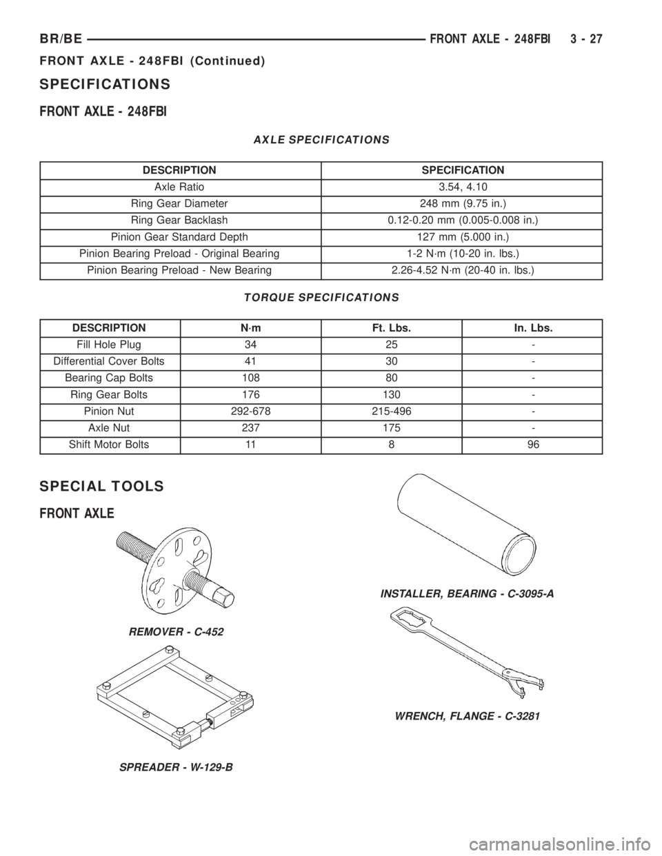 DODGE RAM 2002 Service Manual Online SPECIFICATIONS
FRONT AXLE - 248FBI
AXLE SPECIFICATIONS
DESCRIPTION SPECIFICATION
Axle Ratio 3.54, 4.10
Ring Gear Diameter 248 mm (9.75 in.)
Ring Gear Backlash 0.12-0.20 mm (0.005-0.008 in.)
Pinion Gea DODGE RAM 2002 Service Manual Online SPECIFICATIONS
FRONT AXLE - 248FBI
AXLE SPECIFICATIONS
DESCRIPTION SPECIFICATION
Axle Ratio 3.54, 4.10
Ring Gear Diameter 248 mm (9.75 in.)
Ring Gear Backlash 0.12-0.20 mm (0.005-0.008 in.)
Pinion Gea