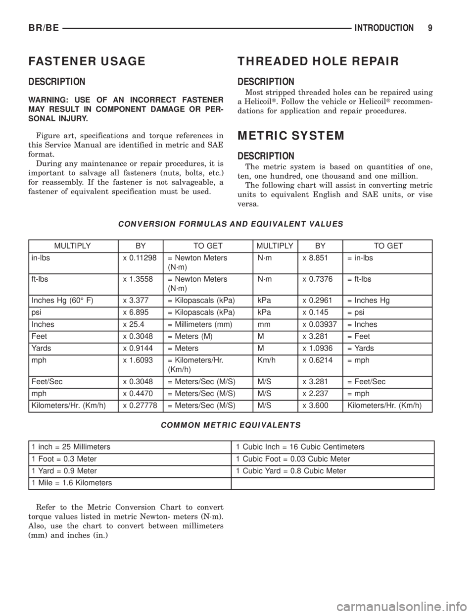 DODGE RAM 2002 Service Repair Manual FASTENER USAGE
DESCRIPTION
WARNING: USE OF AN INCORRECT FASTENER
MAY RESULT IN COMPONENT DAMAGE OR PER-
SONAL INJURY.
Figure art, specifications and torque references in
this Service Manual are identi DODGE RAM 2002 Service Repair Manual FASTENER USAGE
DESCRIPTION
WARNING: USE OF AN INCORRECT FASTENER
MAY RESULT IN COMPONENT DAMAGE OR PER-
SONAL INJURY.
Figure art, specifications and torque references in
this Service Manual are identi