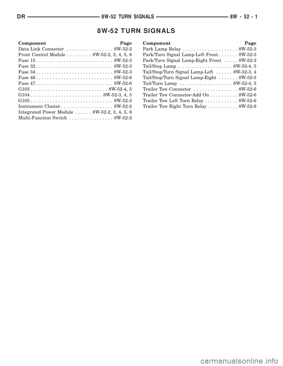 DODGE RAM 2003  Service Repair Manual 8W-52 TURN SIGNALS
Component Page
Data Link Connector................. 8W-52-2
Front Control Module......... 8W-52-2, 3, 4, 5, 6
Fuse 15............................ 8W-52-3
Fuse 32....................
