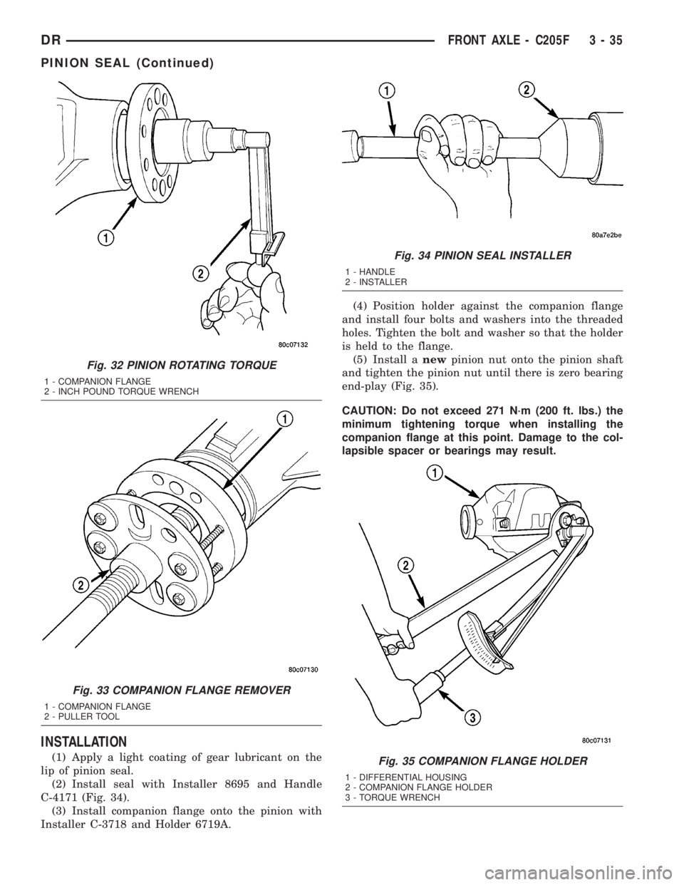 DODGE RAM 2003  Service Repair Manual INSTALLATION
(1) Apply a light coating of gear lubricant on the
lip of pinion seal.
(2) Install seal with Installer 8695 and Handle
C-4171 (Fig. 34).
(3) Install companion flange onto the pinion with
