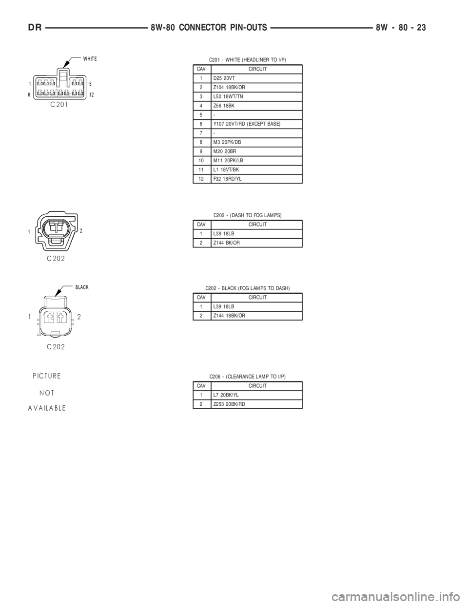 DODGE RAM 2003  Service Repair Manual C201 - WHITE (HEADLINER TO I/P)
CAV CIRCUIT
1 D25 20VT
2 Z104 18BK/OR
3 L50 18WT/TN
4 Z56 18BK
5-
6 Y107 20VT/RD (EXCEPT BASE)
7-
8 M3 20PK/DB
9 M20 20BR
10 M11 20PK/LB
11 L1 18VT/BK
12 F32 18RD/YL
C2