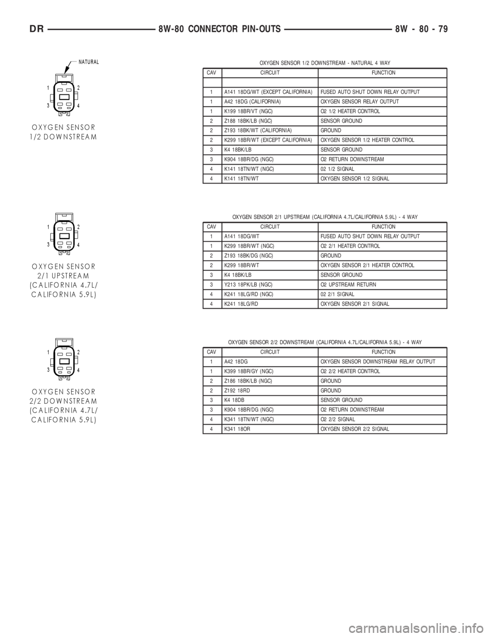 DODGE RAM 2003  Service Repair Manual OXYGEN SENSOR 1/2 DOWNSTREAM - NATURAL 4 WAY
CAV CIRCUIT FUNCTION
1 A141 18DG/WT (EXCEPT CALIFORNIA) FUSED AUTO SHUT DOWN RELAY OUTPUT
1 A42 18DG (CALIFORNIA) OXYGEN SENSOR RELAY OUTPUT
1 K199 18BR/VT