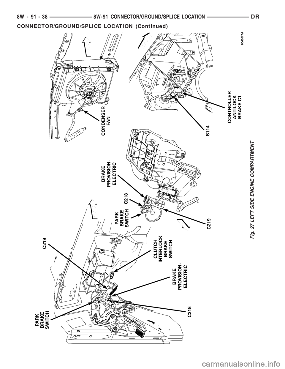 DODGE RAM 2003  Service Repair Manual Fig. 27 LEFT SIDE ENGINE COMPARTMENT
8W - 91 - 38 8W-91 CONNECTOR/GROUND/SPLICE LOCATIONDR
CONNECTOR/GROUND/SPLICE LOCATION (Continued) 