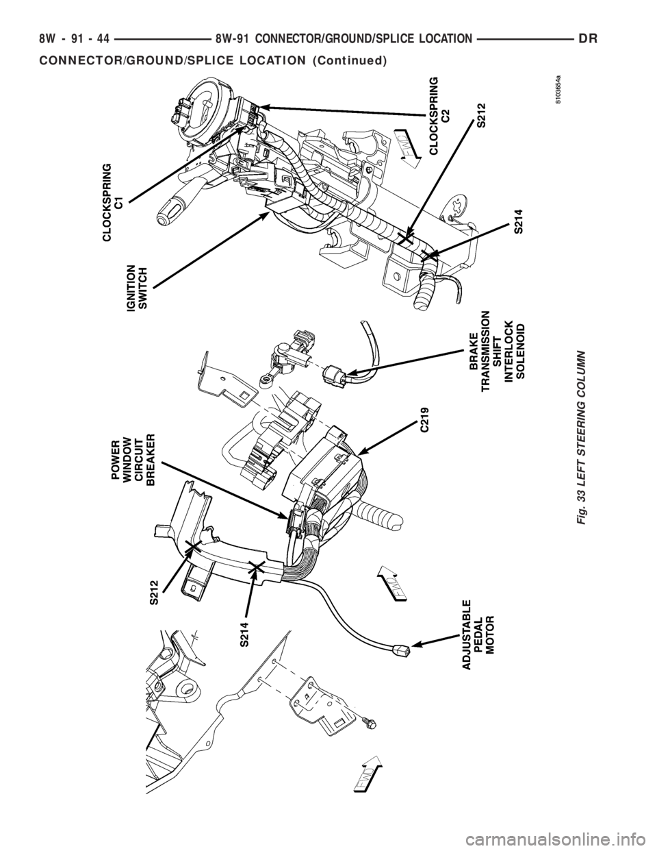 DODGE RAM 2003  Service Repair Manual Fig. 33 LEFT STEERING COLUMN
8W - 91 - 44 8W-91 CONNECTOR/GROUND/SPLICE LOCATIONDR
CONNECTOR/GROUND/SPLICE LOCATION (Continued) 