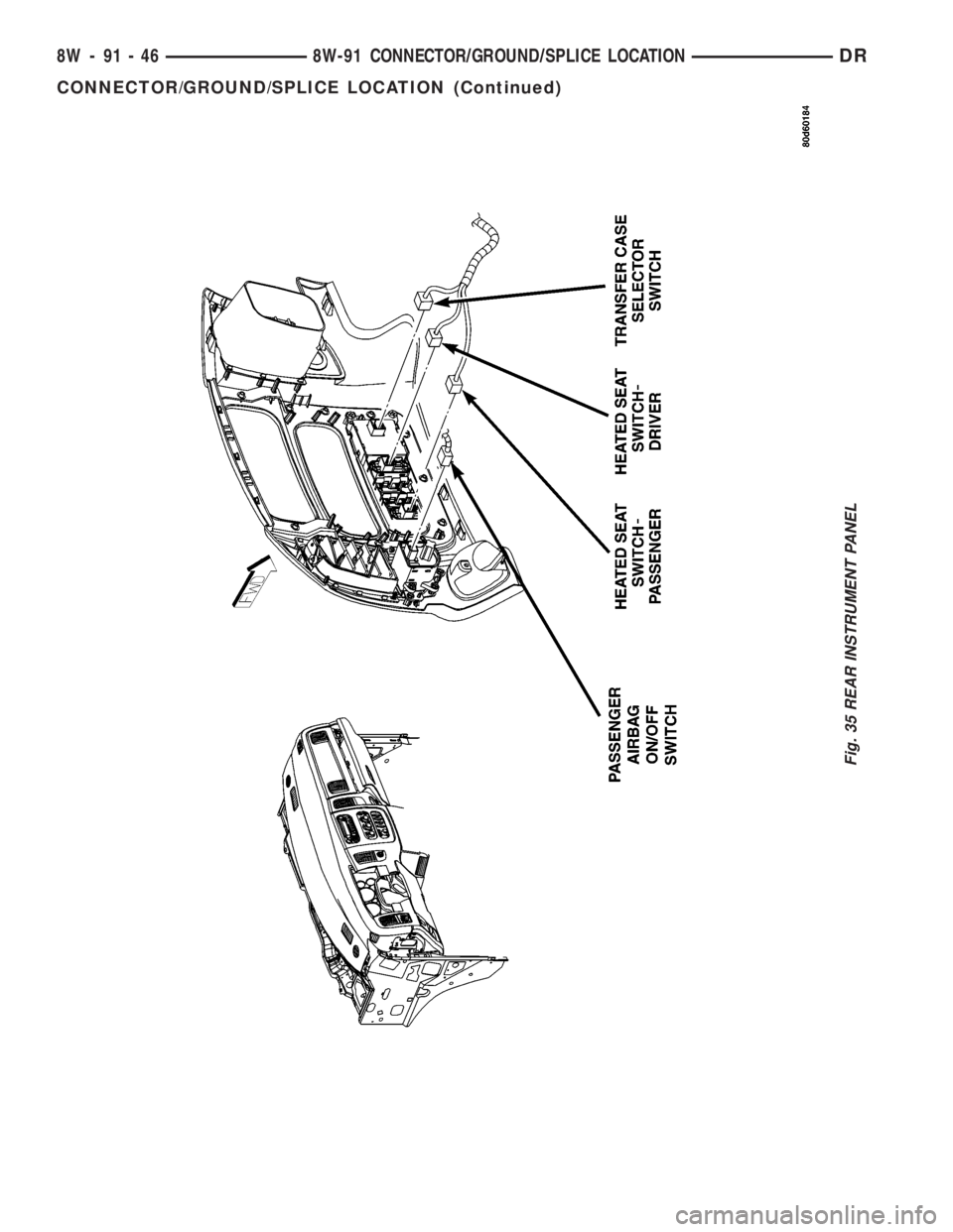 DODGE RAM 2003  Service Repair Manual Fig. 35 REAR INSTRUMENT PANEL
8W - 91 - 46 8W-91 CONNECTOR/GROUND/SPLICE LOCATIONDR
CONNECTOR/GROUND/SPLICE LOCATION (Continued) 
