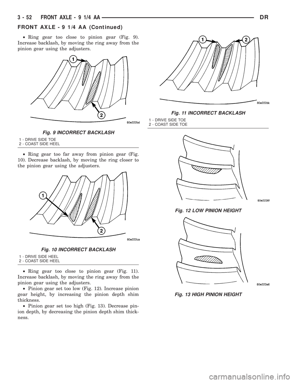 DODGE RAM 2003 Service Repair Manual ²Ring gear too close to pinion gear (Fig. 9).
Increase backlash, by moving the ring away from the
pinion gear using the adjusters.
²Ring gear too far away from pinion gear (Fig.
10). Decrease backla DODGE RAM 2003 Service Repair Manual ²Ring gear too close to pinion gear (Fig. 9).
Increase backlash, by moving the ring away from the
pinion gear using the adjusters.
²Ring gear too far away from pinion gear (Fig.
10). Decrease backla