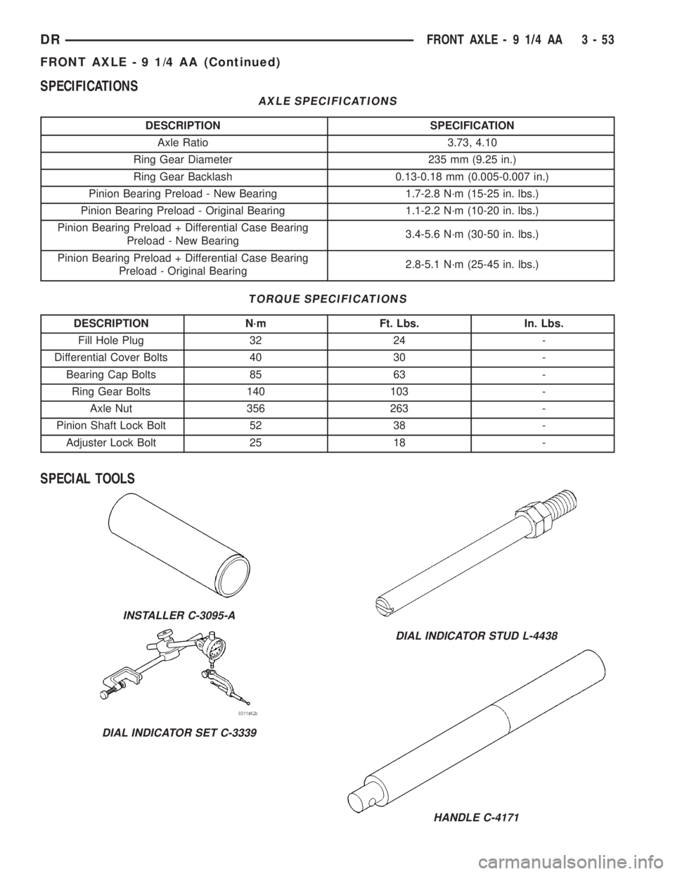 DODGE RAM 2003 Service Repair Manual SPECIFICATIONS
AXLE SPECIFICATIONS
DESCRIPTION SPECIFICATION
Axle Ratio 3.73, 4.10
Ring Gear Diameter 235 mm (9.25 in.)
Ring Gear Backlash 0.13-0.18 mm (0.005-0.007 in.)
Pinion Bearing Preload - New B DODGE RAM 2003 Service Repair Manual SPECIFICATIONS
AXLE SPECIFICATIONS
DESCRIPTION SPECIFICATION
Axle Ratio 3.73, 4.10
Ring Gear Diameter 235 mm (9.25 in.)
Ring Gear Backlash 0.13-0.18 mm (0.005-0.007 in.)
Pinion Bearing Preload - New B