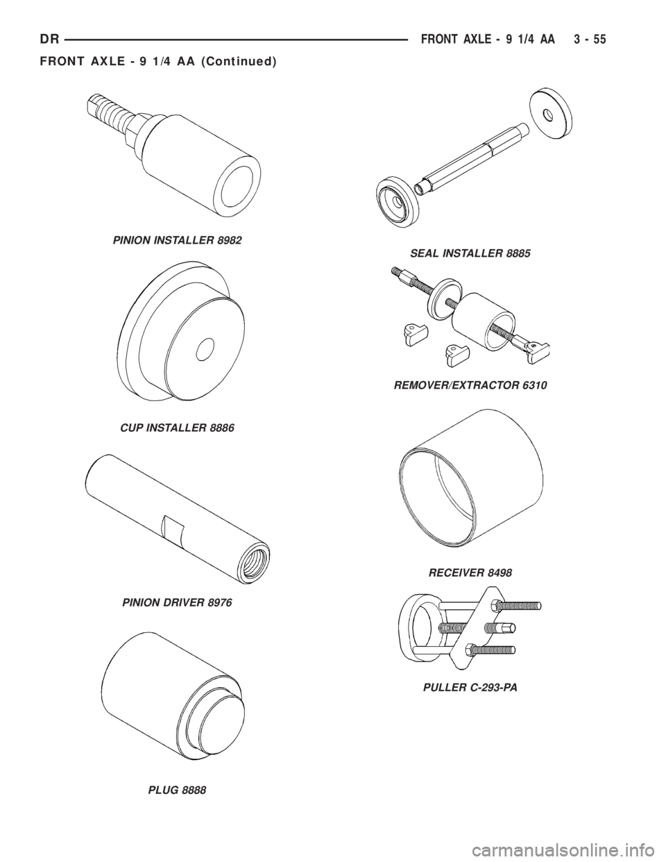 DODGE RAM 2003 Service Repair Manual PINION INSTALLER 8982
CUP INSTALLER 8886
PINION DRIVER 8976
PLUG 8888
SEAL INSTALLER 8885
REMOVER/EXTRACTOR 6310
RECEIVER 8498
PULLER C-293-PA
DRFRONT AXLE - 9 1/4 AA 3 - 55
FRONT AXLE - 9 1/4 AA (Con DODGE RAM 2003 Service Repair Manual PINION INSTALLER 8982
CUP INSTALLER 8886
PINION DRIVER 8976
PLUG 8888
SEAL INSTALLER 8885
REMOVER/EXTRACTOR 6310
RECEIVER 8498
PULLER C-293-PA
DRFRONT AXLE - 9 1/4 AA 3 - 55
FRONT AXLE - 9 1/4 AA (Con
