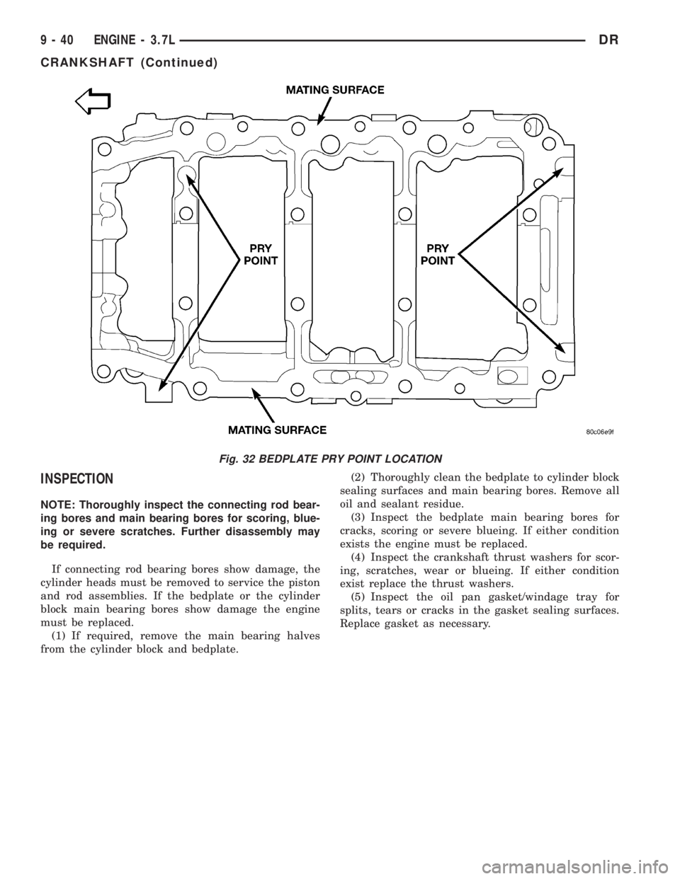 DODGE RAM 2003  Service Owners Manual INSPECTION
NOTE: Thoroughly inspect the connecting rod bear-
ing bores and main bearing bores for scoring, blue-
ing or severe scratches. Further disassembly may
be required.
If connecting rod bearing