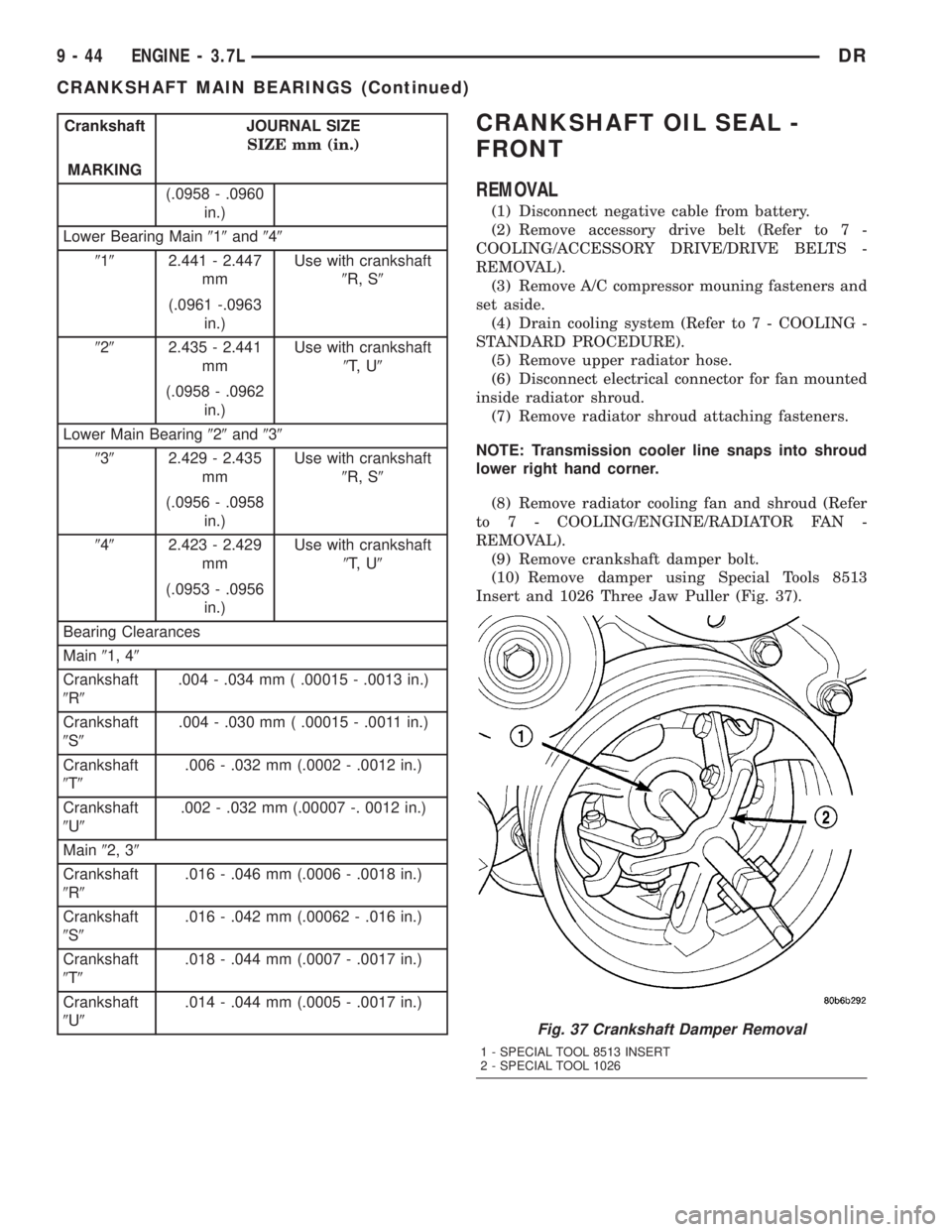 DODGE RAM 2003 Service Repair Manual Crankshaft JOURNAL SIZE
SIZE mm (in.)
MARKING
(.0958 - .0960
in.)
Lower Bearing Main919and949
9192.441 - 2.447
mmUse with crankshaft
9R, S9
(.0961 -.0963
in.)
9292.435 - 2.441
mmUse with crankshaft
9T DODGE RAM 2003 Service Repair Manual Crankshaft JOURNAL SIZE
SIZE mm (in.)
MARKING
(.0958 - .0960
in.)
Lower Bearing Main919and949
9192.441 - 2.447
mmUse with crankshaft
9R, S9
(.0961 -.0963
in.)
9292.435 - 2.441
mmUse with crankshaft
9T