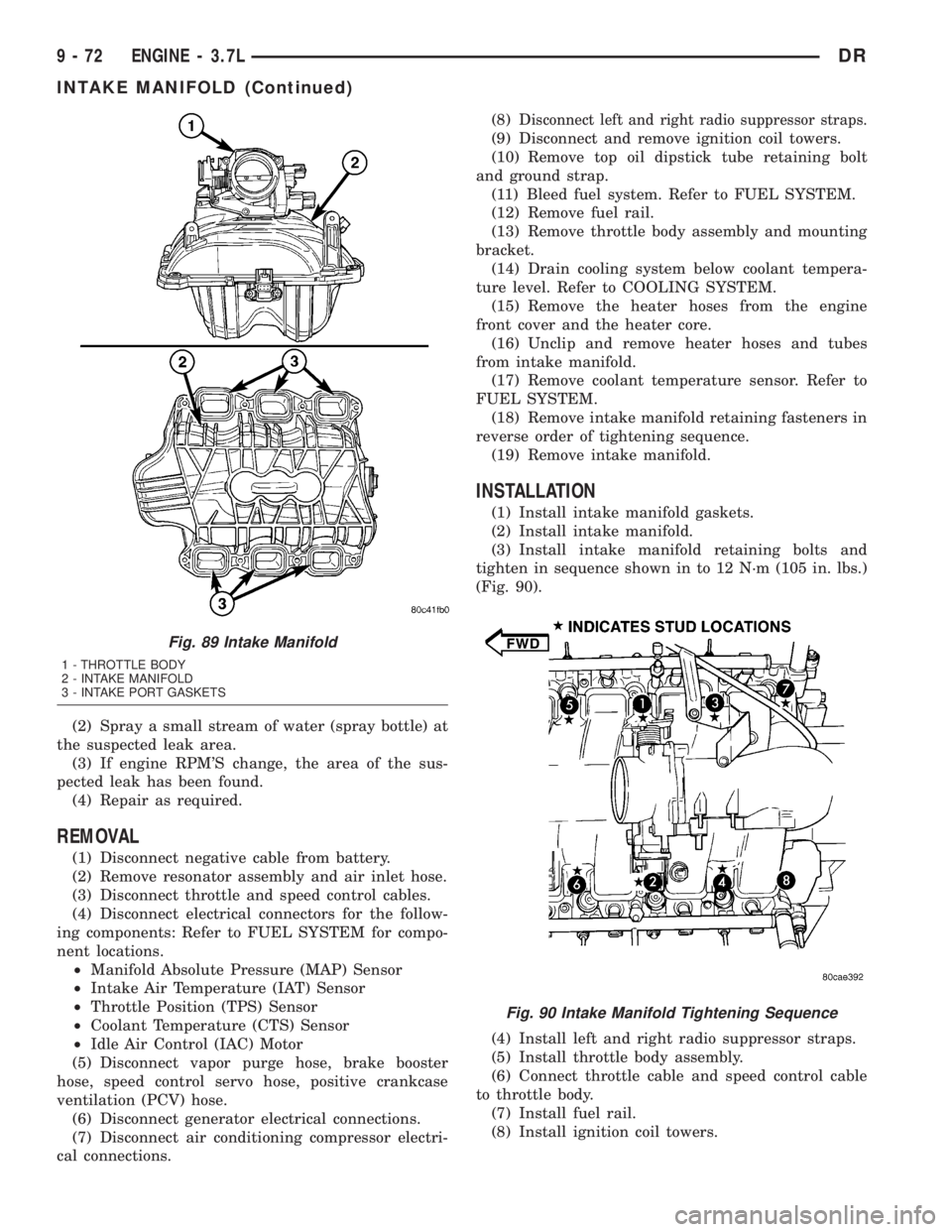 DODGE RAM 2003 Service Repair Manual (2) Spray a small stream of water (spray bottle) at
the suspected leak area.
(3) If engine RPMS change, the area of the sus-
pected leak has been found.
(4) Repair as required.
REMOVAL
(1) Disconnect DODGE RAM 2003 Service Repair Manual (2) Spray a small stream of water (spray bottle) at
the suspected leak area.
(3) If engine RPMS change, the area of the sus-
pected leak has been found.
(4) Repair as required.
REMOVAL
(1) Disconnect