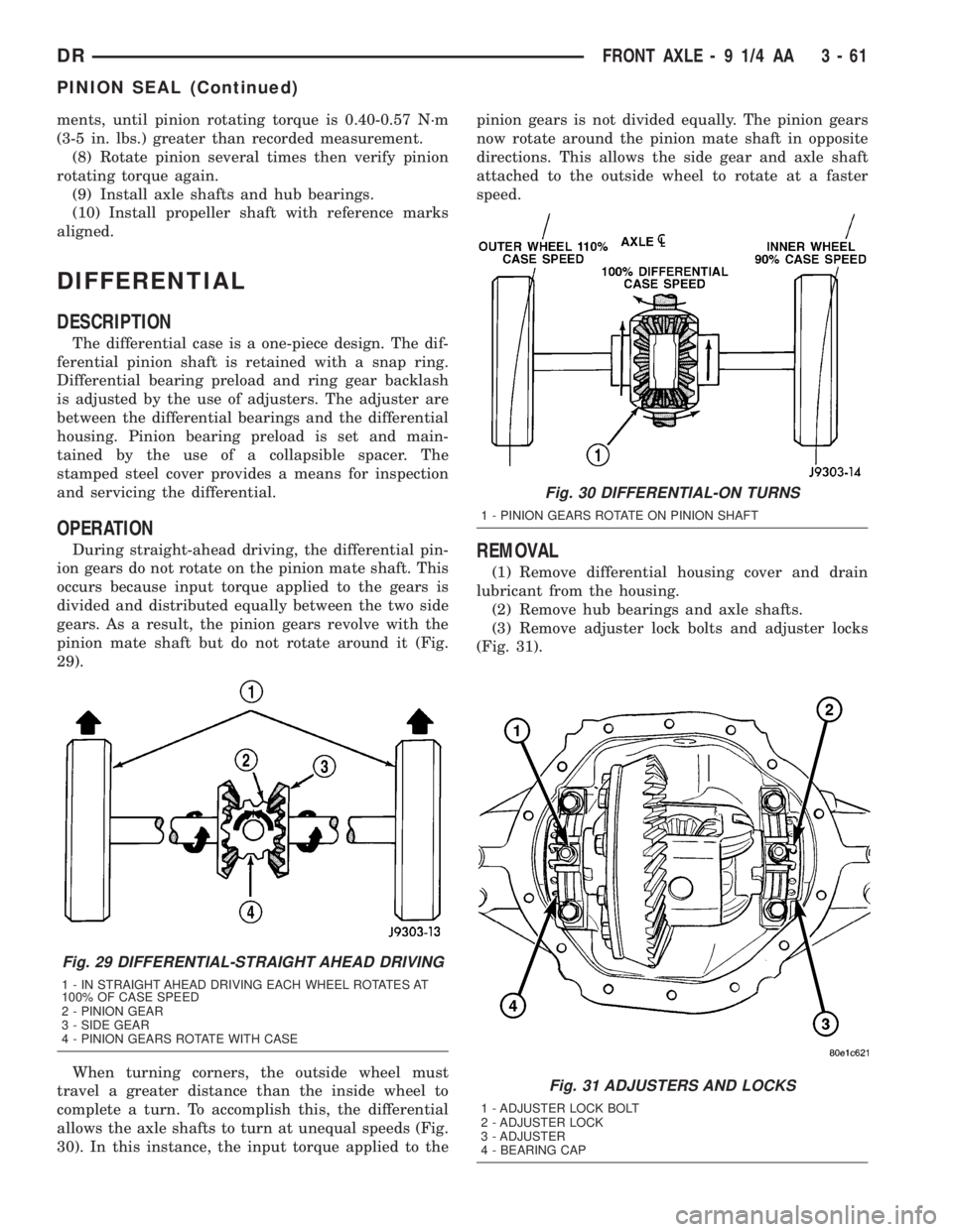DODGE RAM 2003  Service Repair Manual ments, until pinion rotating torque is 0.40-0.57 N´m
(3-5 in. lbs.) greater than recorded measurement.
(8) Rotate pinion several times then verify pinion
rotating torque again.
(9) Install axle shaft