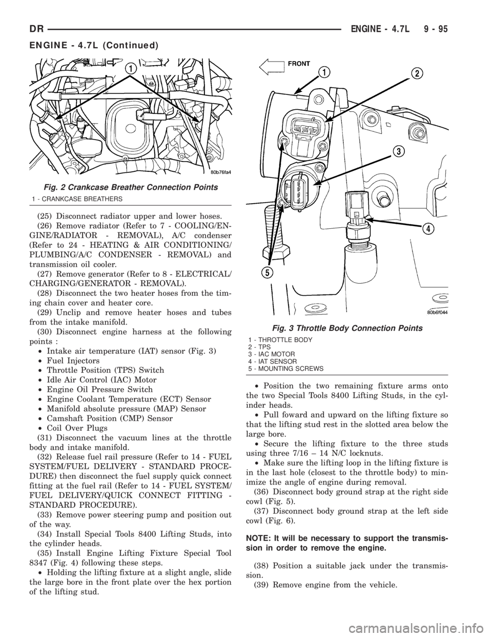 DODGE RAM 2003 Service Repair Manual (25) Disconnect radiator upper and lower hoses.
(26) Remove radiator (Refer to 7 - COOLING/EN-
GINE/RADIATOR - REMOVAL), A/C condenser
(Refer to 24 - HEATING & AIR CONDITIONING/
PLUMBING/A/C CONDENSER DODGE RAM 2003 Service Repair Manual (25) Disconnect radiator upper and lower hoses.
(26) Remove radiator (Refer to 7 - COOLING/EN-
GINE/RADIATOR - REMOVAL), A/C condenser
(Refer to 24 - HEATING & AIR CONDITIONING/
PLUMBING/A/C CONDENSER