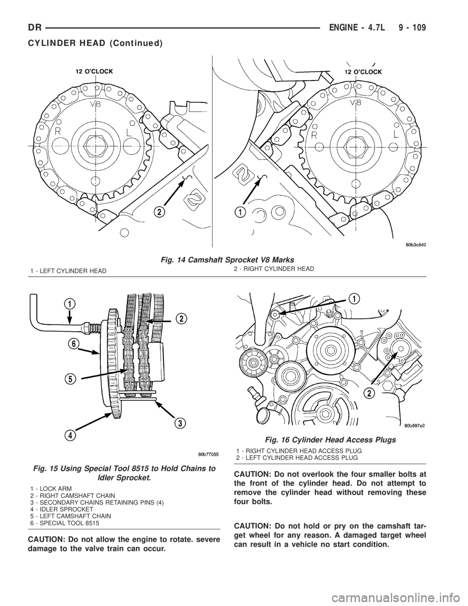 DODGE RAM 2003 Service Repair Manual CAUTION: Do not allow the engine to rotate. severe
damage to the valve train can occur.CAUTION: Do not overlook the four smaller bolts at
the front of the cylinder head. Do not attempt to
remove the c DODGE RAM 2003 Service Repair Manual CAUTION: Do not allow the engine to rotate. severe
damage to the valve train can occur.CAUTION: Do not overlook the four smaller bolts at
the front of the cylinder head. Do not attempt to
remove the c