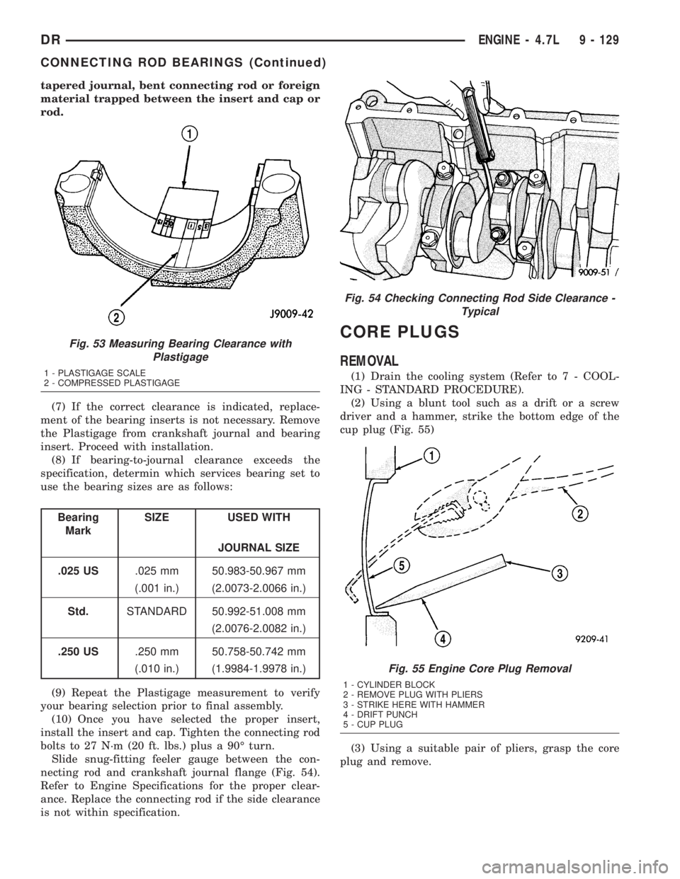 DODGE RAM 2003 Service Repair Manual tapered journal, bent connecting rod or foreign
material trapped between the insert and cap or
rod.
(7) If the correct clearance is indicated, replace-
ment of the bearing inserts is not necessary. Re DODGE RAM 2003 Service Repair Manual tapered journal, bent connecting rod or foreign
material trapped between the insert and cap or
rod.
(7) If the correct clearance is indicated, replace-
ment of the bearing inserts is not necessary. Re