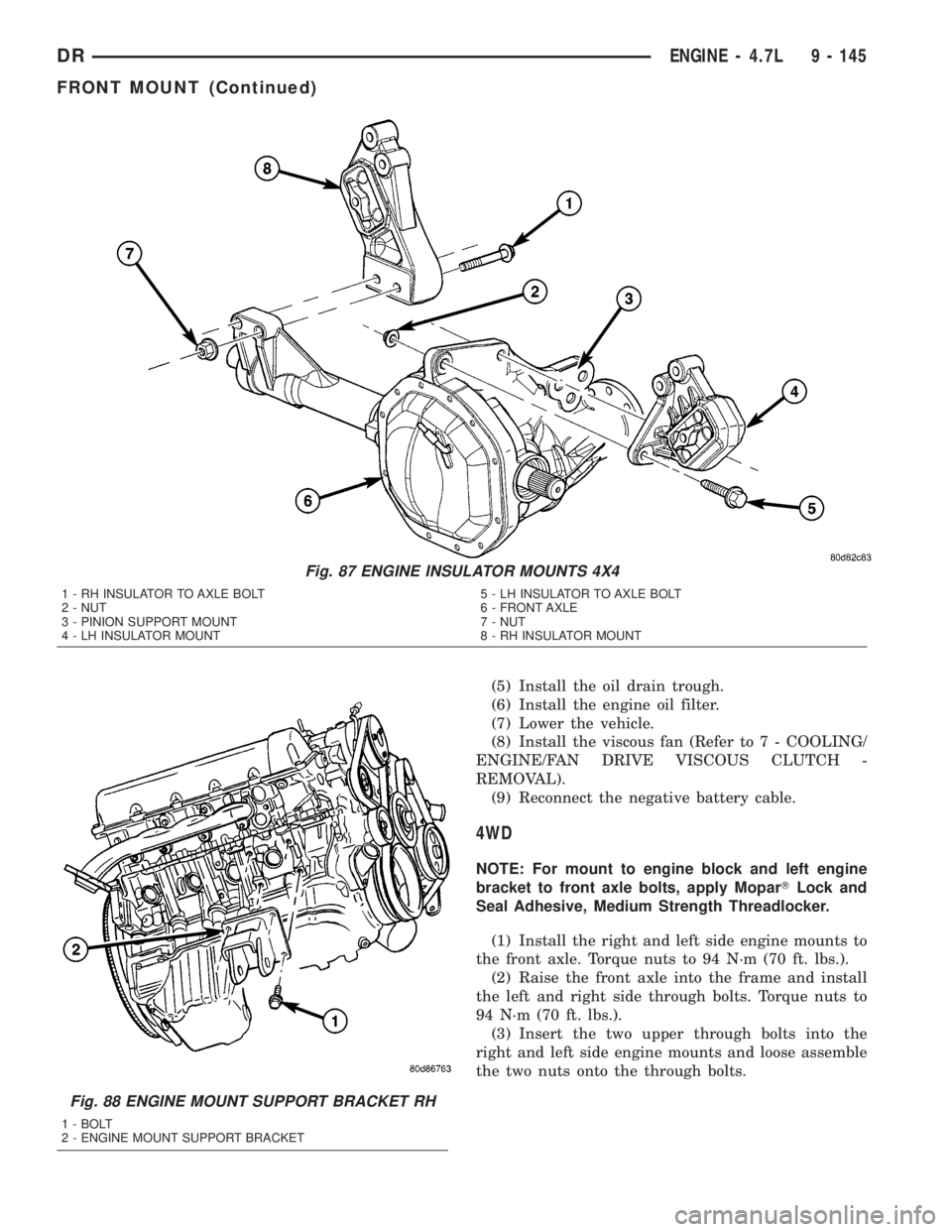 DODGE RAM 2003 Service Repair Manual (5) Install the oil drain trough.
(6) Install the engine oil filter.
(7) Lower the vehicle.
(8) Install the viscous fan (Refer to 7 - COOLING/
ENGINE/FAN DRIVE VISCOUS CLUTCH -
REMOVAL).
(9) Reconnect DODGE RAM 2003 Service Repair Manual (5) Install the oil drain trough.
(6) Install the engine oil filter.
(7) Lower the vehicle.
(8) Install the viscous fan (Refer to 7 - COOLING/
ENGINE/FAN DRIVE VISCOUS CLUTCH -
REMOVAL).
(9) Reconnect