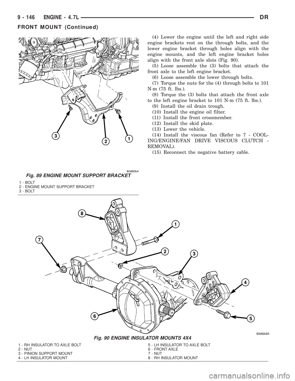 DODGE RAM 2003 Service Repair Manual (4) Lower the engine until the left and right side
engine brackets rest on the through bolts, and the
lower engine bracket through holes align with the
engine mounts, and the left engine bracket holes DODGE RAM 2003 Service Repair Manual (4) Lower the engine until the left and right side
engine brackets rest on the through bolts, and the
lower engine bracket through holes align with the
engine mounts, and the left engine bracket holes