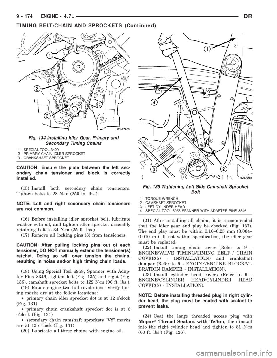 DODGE RAM 2003 Service Repair Manual CAUTION: Ensure the plate between the left sec-
ondary chain tensioner and block is correctly
installed.
(15) Install both secondary chain tensioners.
Tighten bolts to 28 N´m (250 in. lbs.).
NOTE: Le DODGE RAM 2003 Service Repair Manual CAUTION: Ensure the plate between the left sec-
ondary chain tensioner and block is correctly
installed.
(15) Install both secondary chain tensioners.
Tighten bolts to 28 N´m (250 in. lbs.).
NOTE: Le