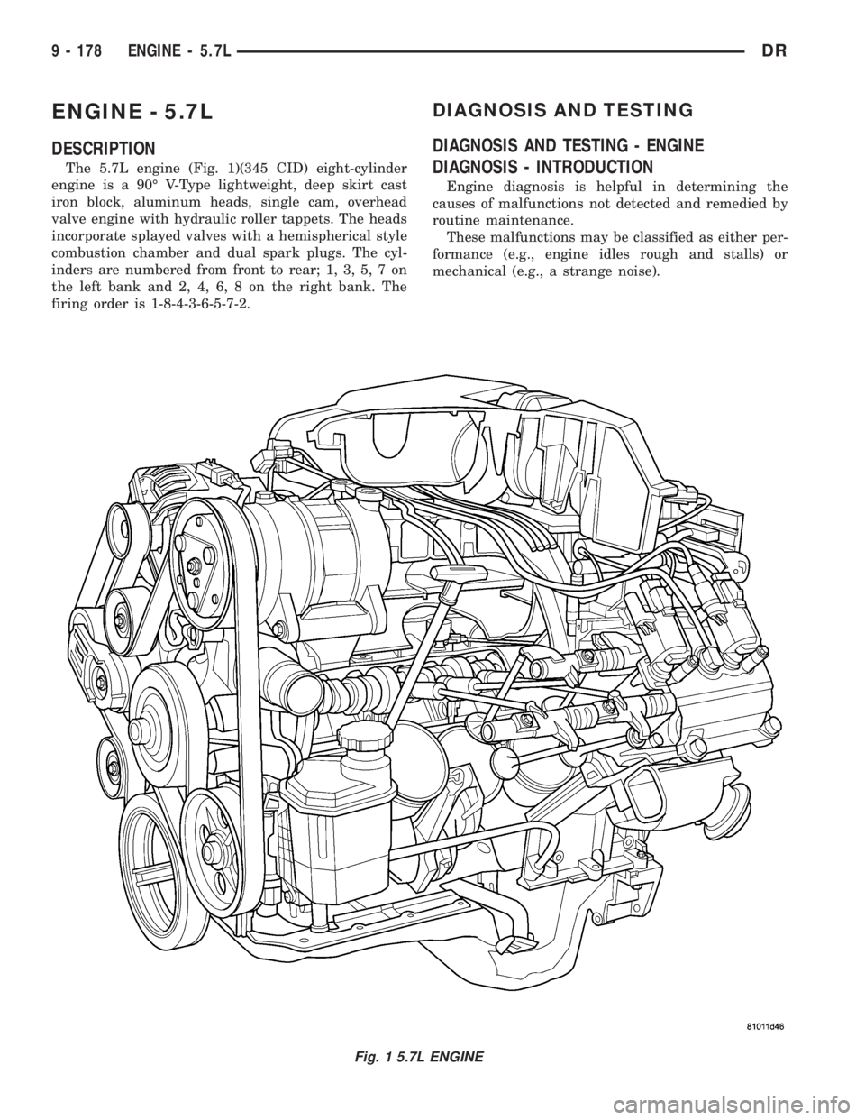 DODGE RAM 2003 Service Repair Manual ENGINE - 5.7L
DESCRIPTION
The 5.7L engine (Fig. 1)(345 CID) eight-cylinder
engine is a 90É V-Type lightweight, deep skirt cast
iron block, aluminum heads, single cam, overhead
valve engine with hydra DODGE RAM 2003 Service Repair Manual ENGINE - 5.7L
DESCRIPTION
The 5.7L engine (Fig. 1)(345 CID) eight-cylinder
engine is a 90É V-Type lightweight, deep skirt cast
iron block, aluminum heads, single cam, overhead
valve engine with hydra
