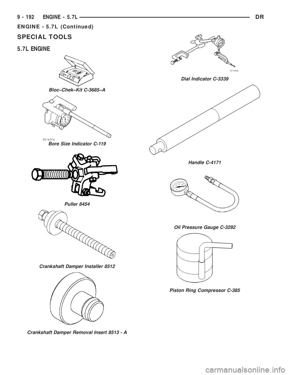 DODGE RAM 2003  Service Repair Manual SPECIAL TOOLS
5.7L ENGINE
Bloc±Chek±Kit C-3685±A
Bore Size Indicator C-119
Puller 8454
Crankshaft Damper Installer 8512
Crankshaft Damper Removal Insert 8513 - A
Dial Indicator C-3339
Handle C-4171