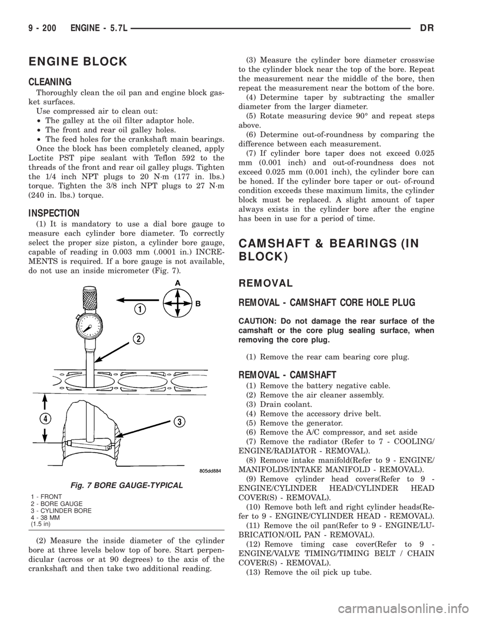 DODGE RAM 2003  Service Manual PDF ENGINE BLOCK
CLEANING
Thoroughly clean the oil pan and engine block gas-
ket surfaces.
Use compressed air to clean out:
²The galley at the oil filter adaptor hole.
²The front and rear oil galley hol