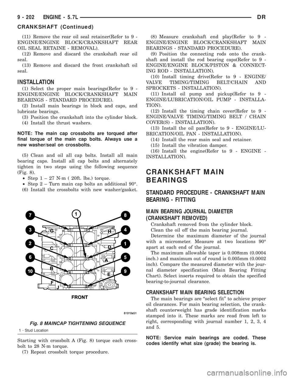 DODGE RAM 2003  Service Repair Manual (11) Remove the rear oil seal retainer(Refer to 9 -
ENGINE/ENGINE BLOCK/CRANKSHAFT REAR
OIL SEAL RETAINE - REMOVAL).
(12) Remove and discard the crankshaft rear oil
seal.
(13) Remove and discard the f