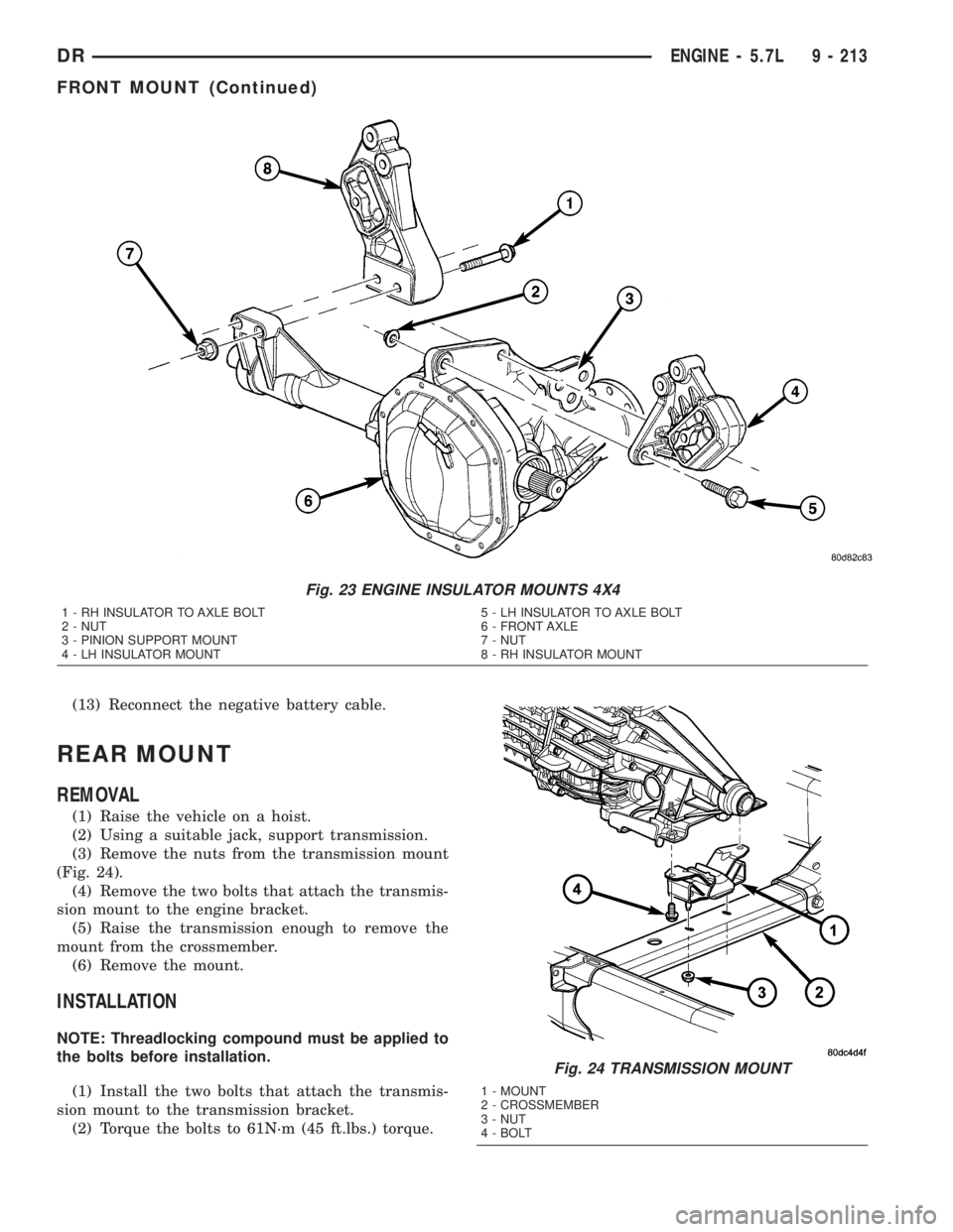 DODGE RAM 2003  Service Repair Manual (13) Reconnect the negative battery cable.
REAR MOUNT
REMOVAL
(1) Raise the vehicle on a hoist.
(2) Using a suitable jack, support transmission.
(3) Remove the nuts from the transmission mount
(Fig. 2