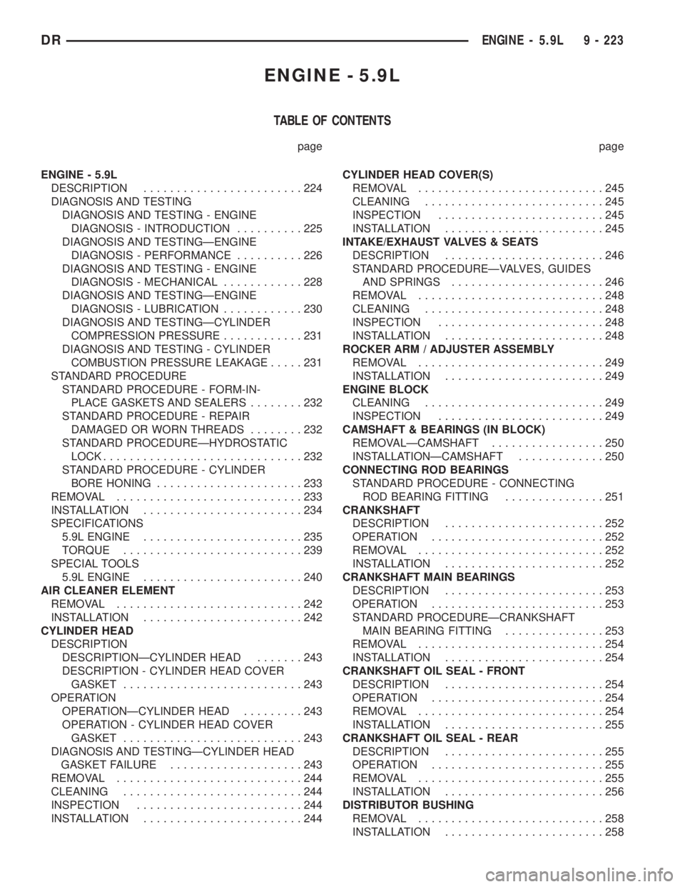 DODGE RAM 2003  Service Repair Manual ENGINE - 5.9L
TABLE OF CONTENTS
page page
ENGINE - 5.9L
DESCRIPTION........................224
DIAGNOSIS AND TESTING
DIAGNOSIS AND TESTING - ENGINE
DIAGNOSIS - INTRODUCTION..........225
DIAGNOSIS AND 