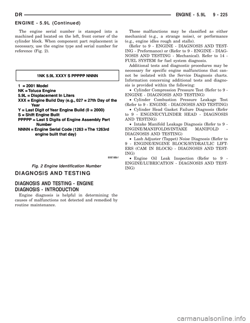 DODGE RAM 2003  Service Manual PDF The engine serial number is stamped into a
machined pad located on the left, front corner of the
cylinder block. When component part replacement is
necessary, use the engine type and serial number for DODGE RAM 2003  Service Manual PDF The engine serial number is stamped into a
machined pad located on the left, front corner of the
cylinder block. When component part replacement is
necessary, use the engine type and serial number for