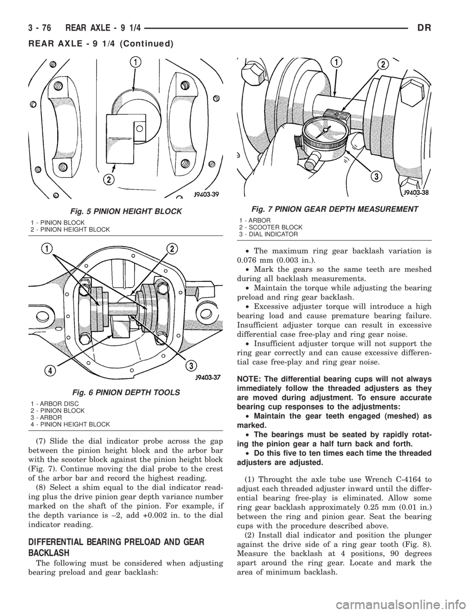 DODGE RAM 2003  Service Repair Manual (7) Slide the dial indicator probe across the gap
between the pinion height block and the arbor bar
with the scooter block against the pinion height block
(Fig. 7). Continue moving the dial probe to t