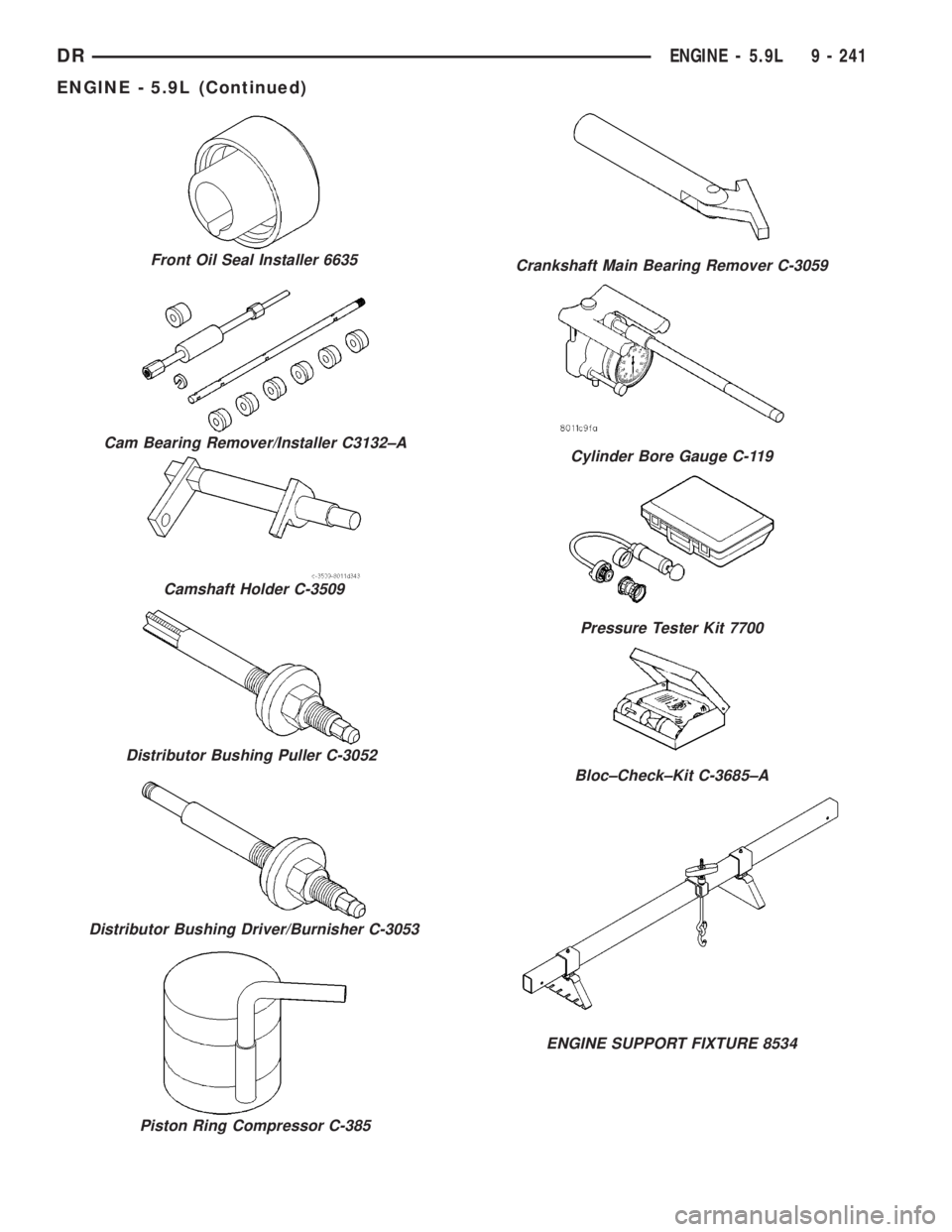 DODGE RAM 2003  Service Repair Manual Front Oil Seal Installer 6635
Cam Bearing Remover/Installer C3132±A
Camshaft Holder C-3509
Distributor Bushing Puller C-3052
Distributor Bushing Driver/Burnisher C-3053
Piston Ring Compressor C-385
C