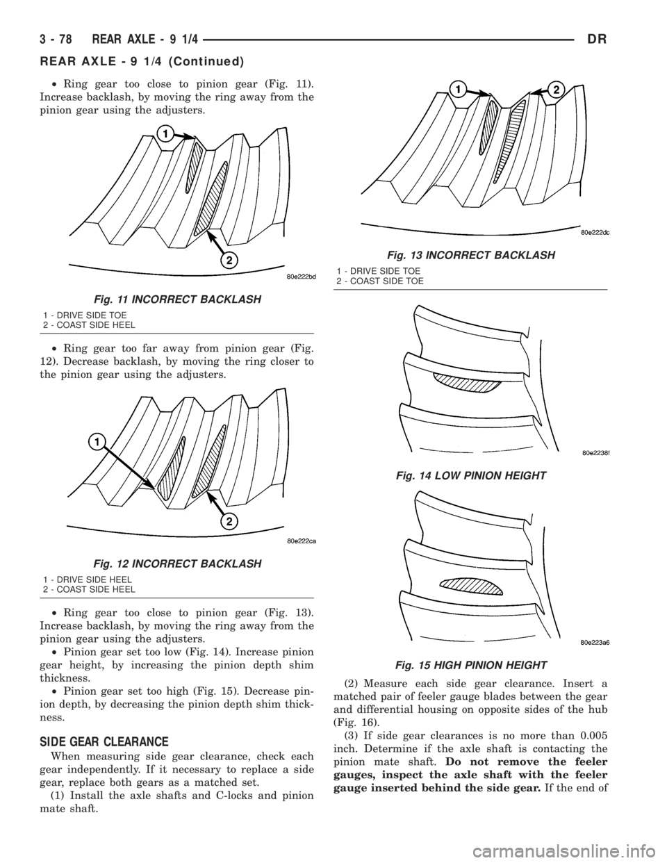 DODGE RAM 2003 Service Repair Manual ²Ring gear too close to pinion gear (Fig. 11).
Increase backlash, by moving the ring away from the
pinion gear using the adjusters.
²Ring gear too far away from pinion gear (Fig.
12). Decrease backl DODGE RAM 2003 Service Repair Manual ²Ring gear too close to pinion gear (Fig. 11).
Increase backlash, by moving the ring away from the
pinion gear using the adjusters.
²Ring gear too far away from pinion gear (Fig.
12). Decrease backl
