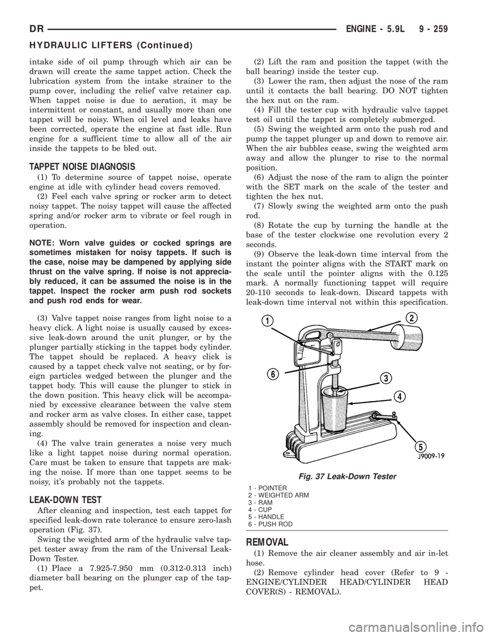 DODGE RAM 2003 Service Owners Manual intake side of oil pump through which air can be
drawn will create the same tappet action. Check the
lubrication system from the intake strainer to the
pump cover, including the relief valve retainer DODGE RAM 2003 Service Owners Manual intake side of oil pump through which air can be
drawn will create the same tappet action. Check the
lubrication system from the intake strainer to the
pump cover, including the relief valve retainer