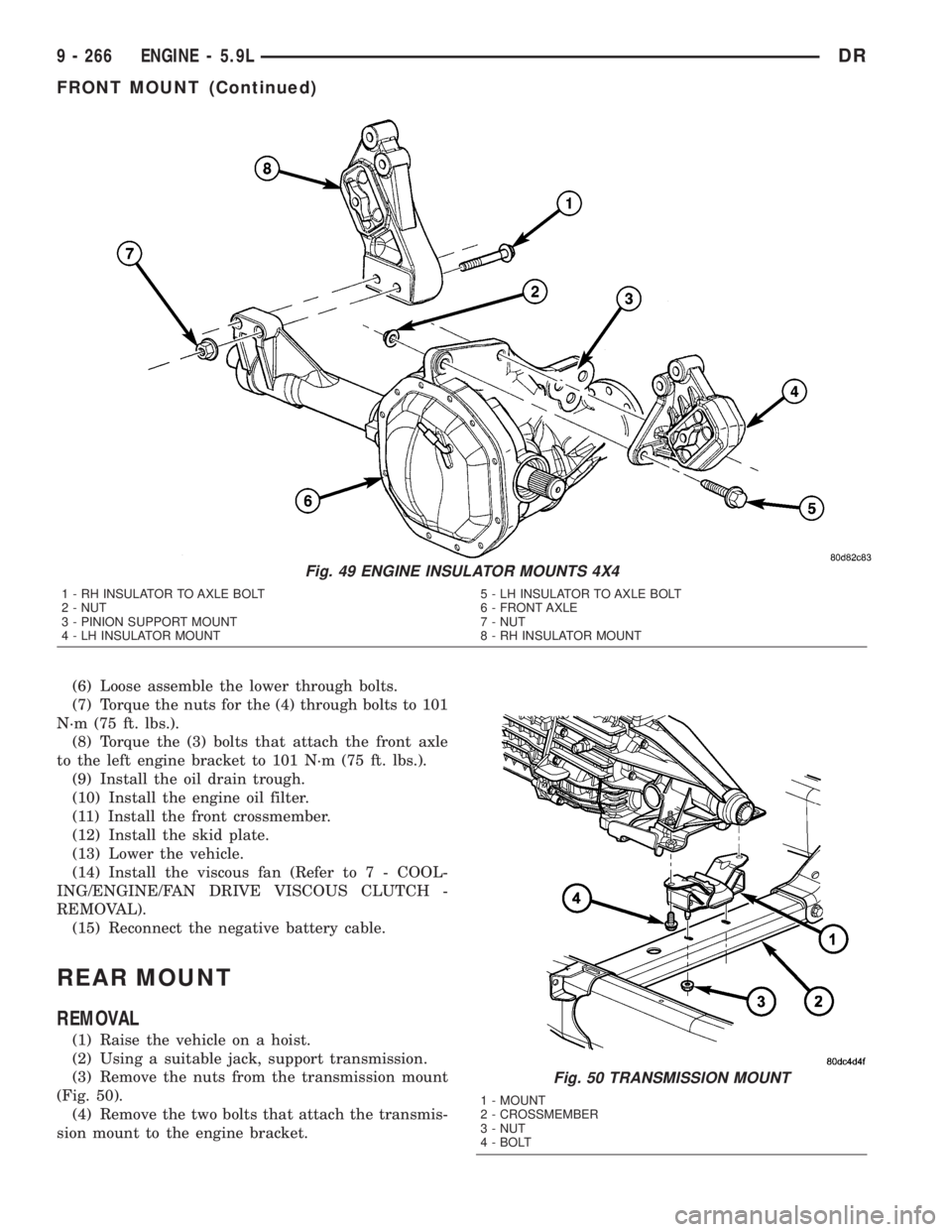 DODGE RAM 2003  Service Repair Manual (6) Loose assemble the lower through bolts.
(7) Torque the nuts for the (4) through bolts to 101
N´m (75 ft. lbs.).
(8) Torque the (3) bolts that attach the front axle
to the left engine bracket to 1