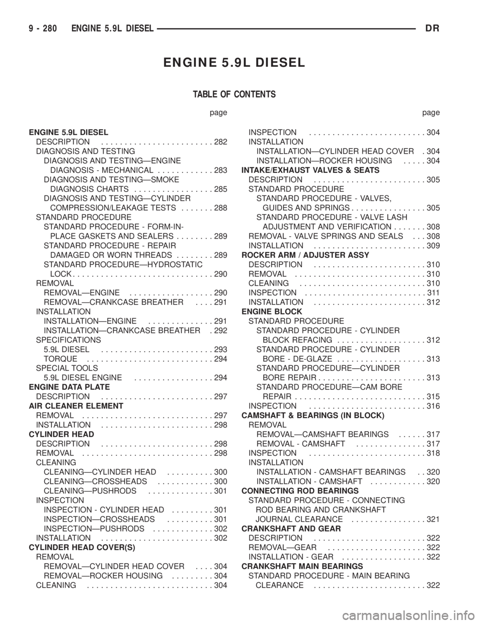 DODGE RAM 2003  Service Repair Manual ENGINE 5.9L DIESEL
TABLE OF CONTENTS
page page
ENGINE 5.9L DIESEL
DESCRIPTION........................282
DIAGNOSIS AND TESTING
DIAGNOSIS AND TESTINGÐENGINE
DIAGNOSIS - MECHANICAL............283
DIAGN