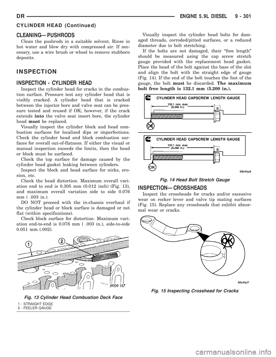 DODGE RAM 2003  Service Repair Manual CLEANINGÐPUSHRODS
Clean the pushrods in a suitable solvent. Rinse in
hot water and blow dry with compressed air. If nec-
essary, use a wire brush or wheel to remove stubborn
deposits.
INSPECTION
INSP