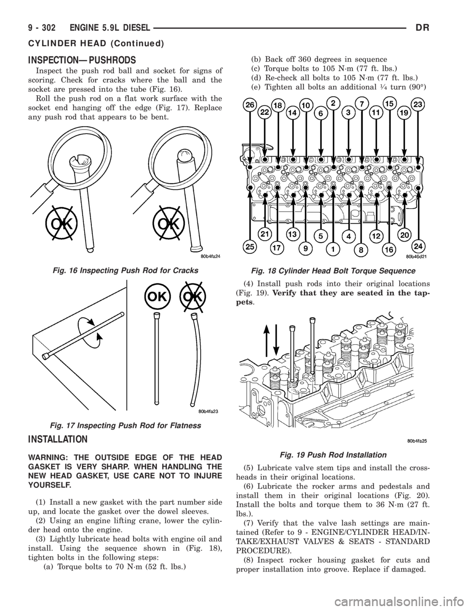 DODGE RAM 2003  Service Repair Manual INSPECTIONÐPUSHRODS
Inspect the push rod ball and socket for signs of
scoring. Check for cracks where the ball and the
socket are pressed into the tube (Fig. 16).
Roll the push rod on a flat work sur